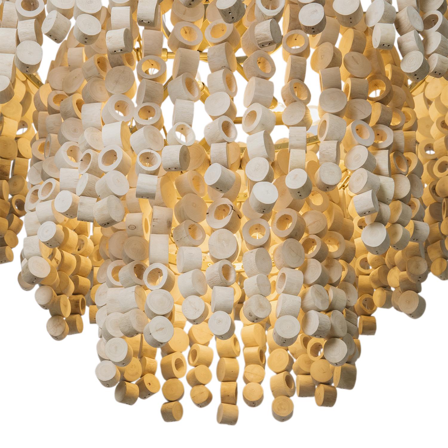 Large Round Wood Disc Chandelier in Natural Finish