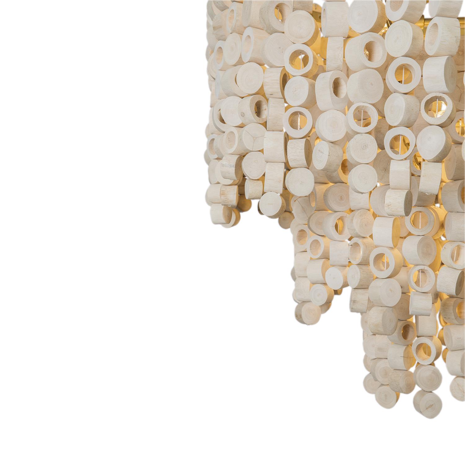 Large Round Wood Disc Chandelier in Natural Finish