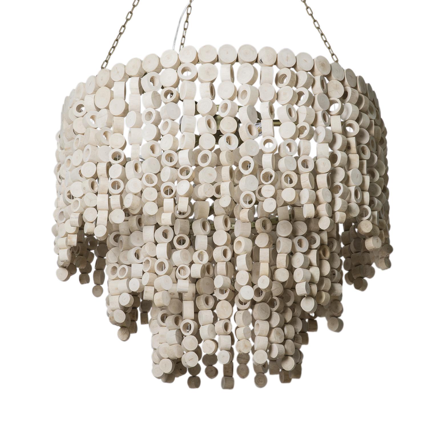 Large Round Wood Disc Chandelier in Natural Finish