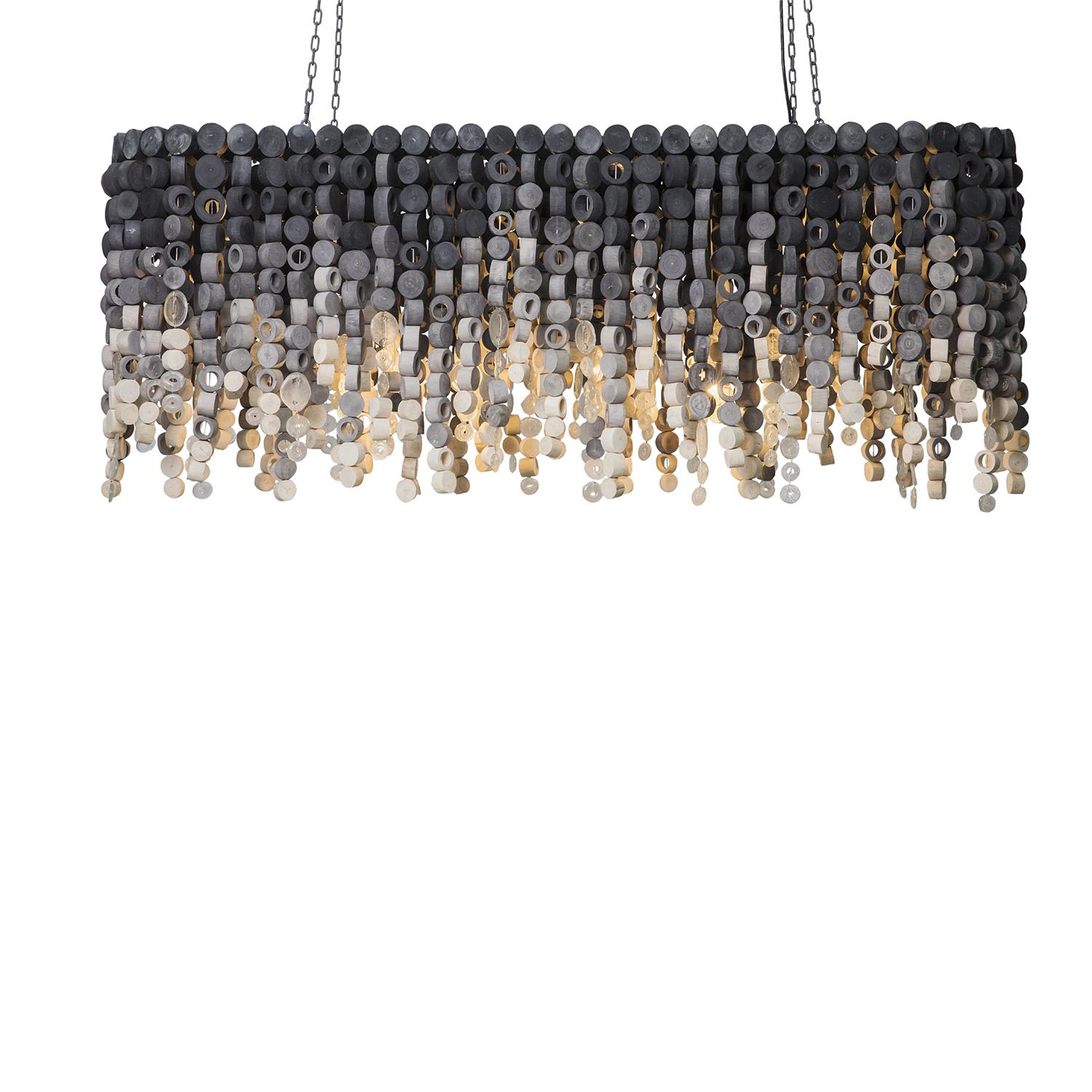 Large Oval Wood Disc Chandelier in Ombre Finish with Recycled Glass