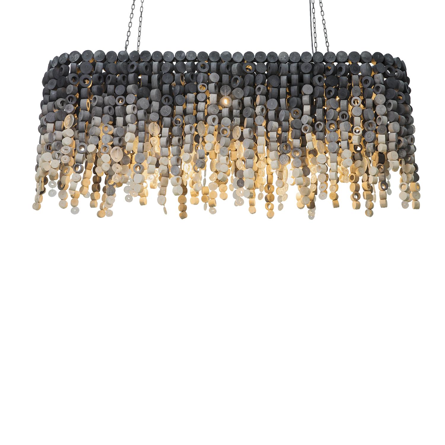 Large Oval Wood Disc Chandelier in Ombre Finish with Recycled Glass