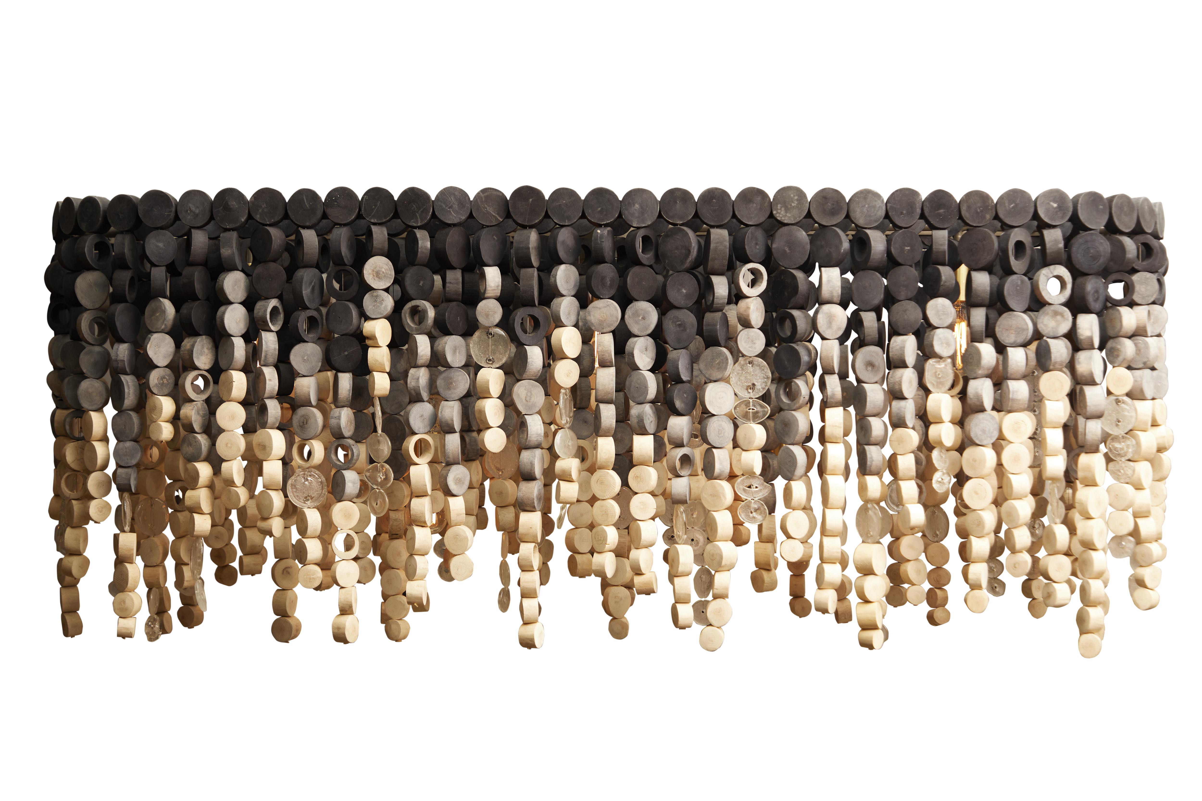Large Oval Wood Disc Chandelier in Ombre Finish with Recycled Glass