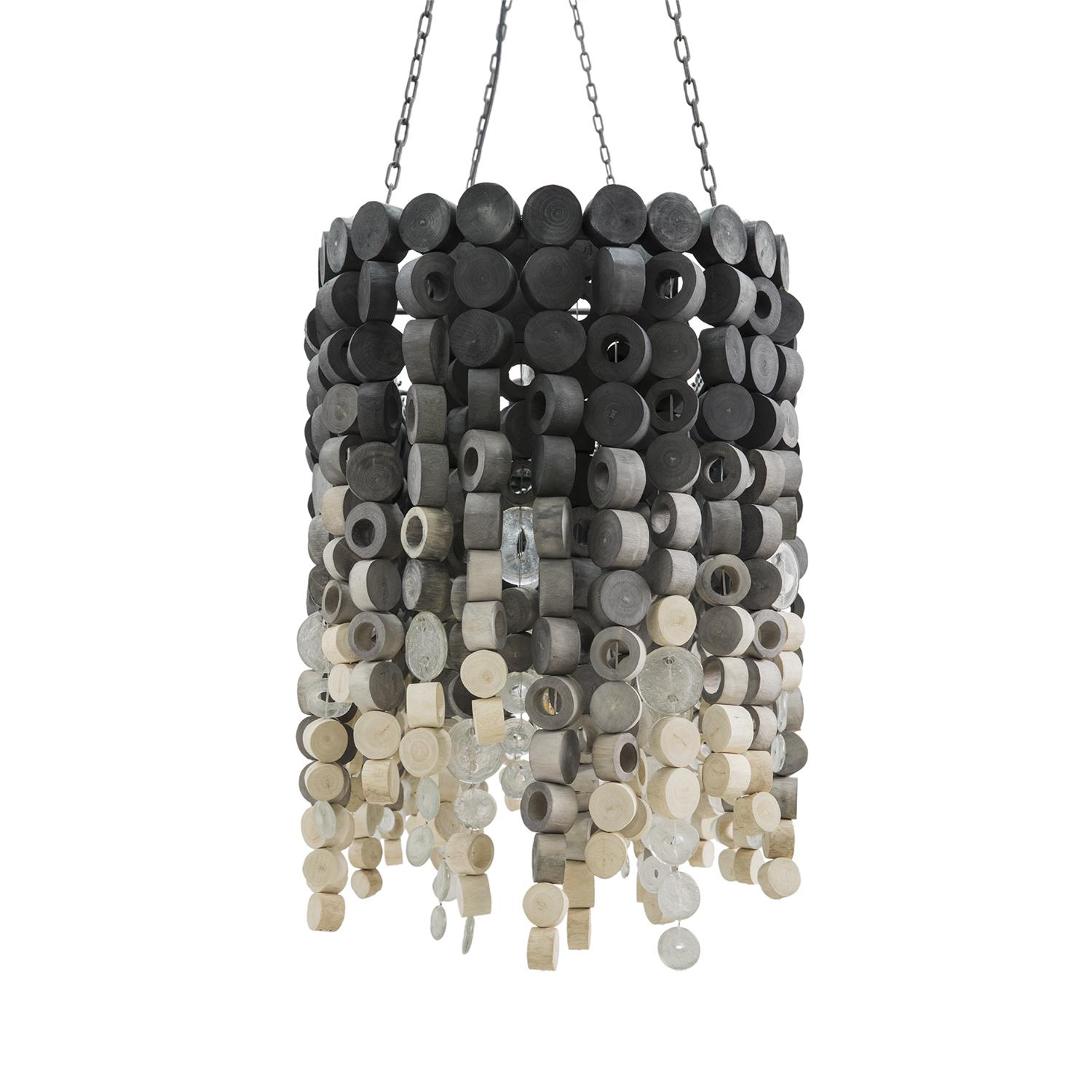 Large Oval Wood Disc Chandelier in Ombre Finish with Recycled Glass