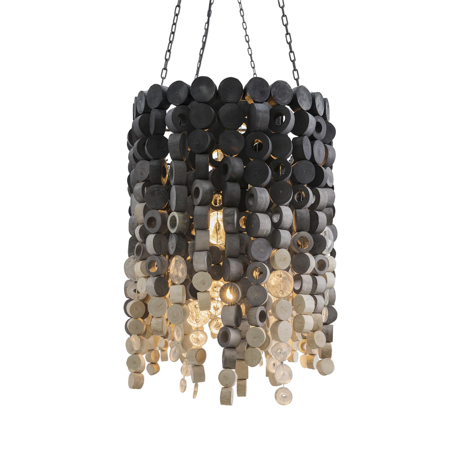 Large Oval Wood Disc Chandelier in Ombre Finish with Recycled Glass