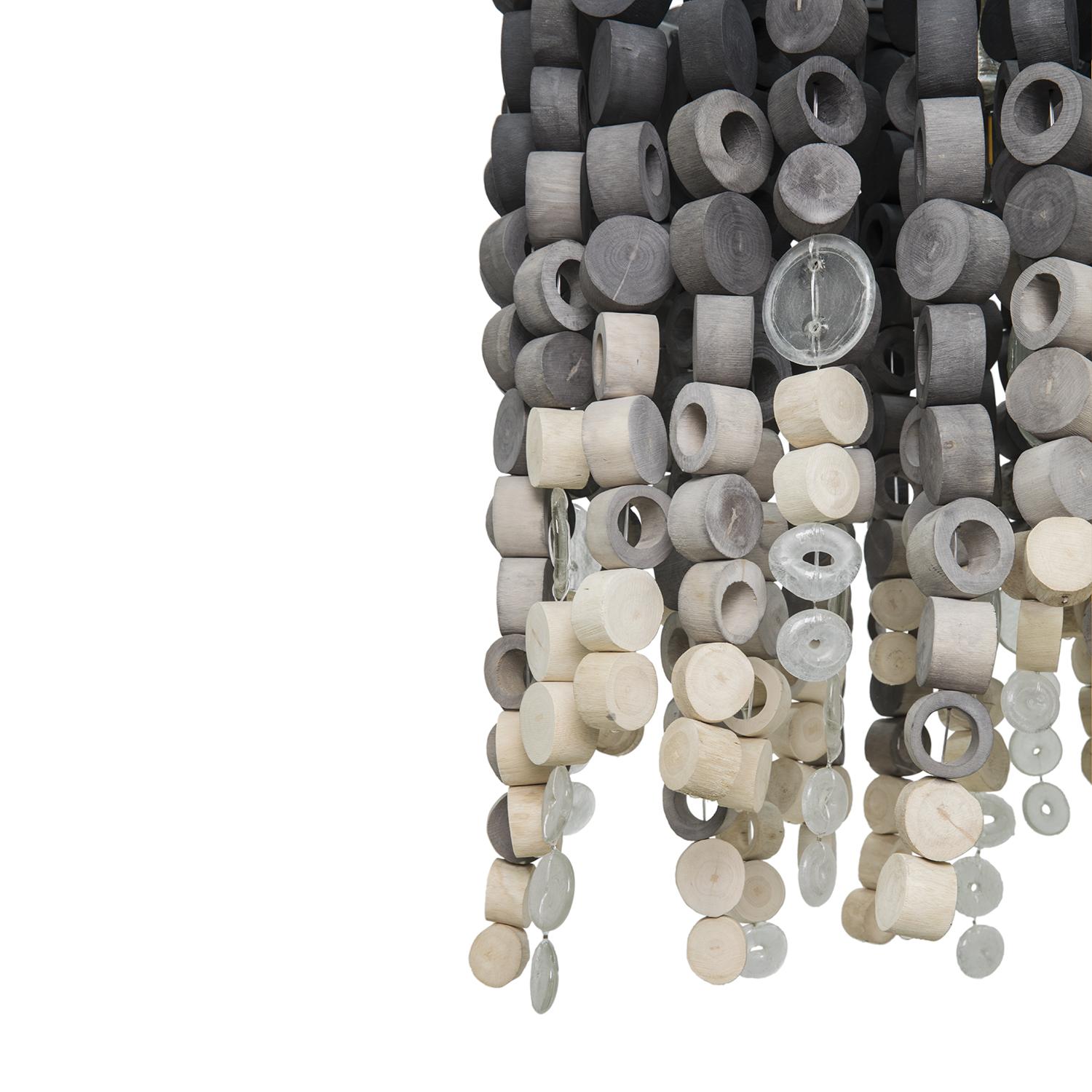 Large Oval Wood Disc Chandelier in Ombre Finish with Recycled Glass