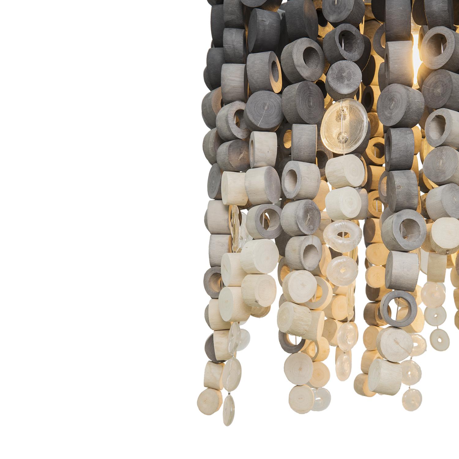 Large Oval Wood Disc Chandelier in Ombre Finish with Recycled Glass