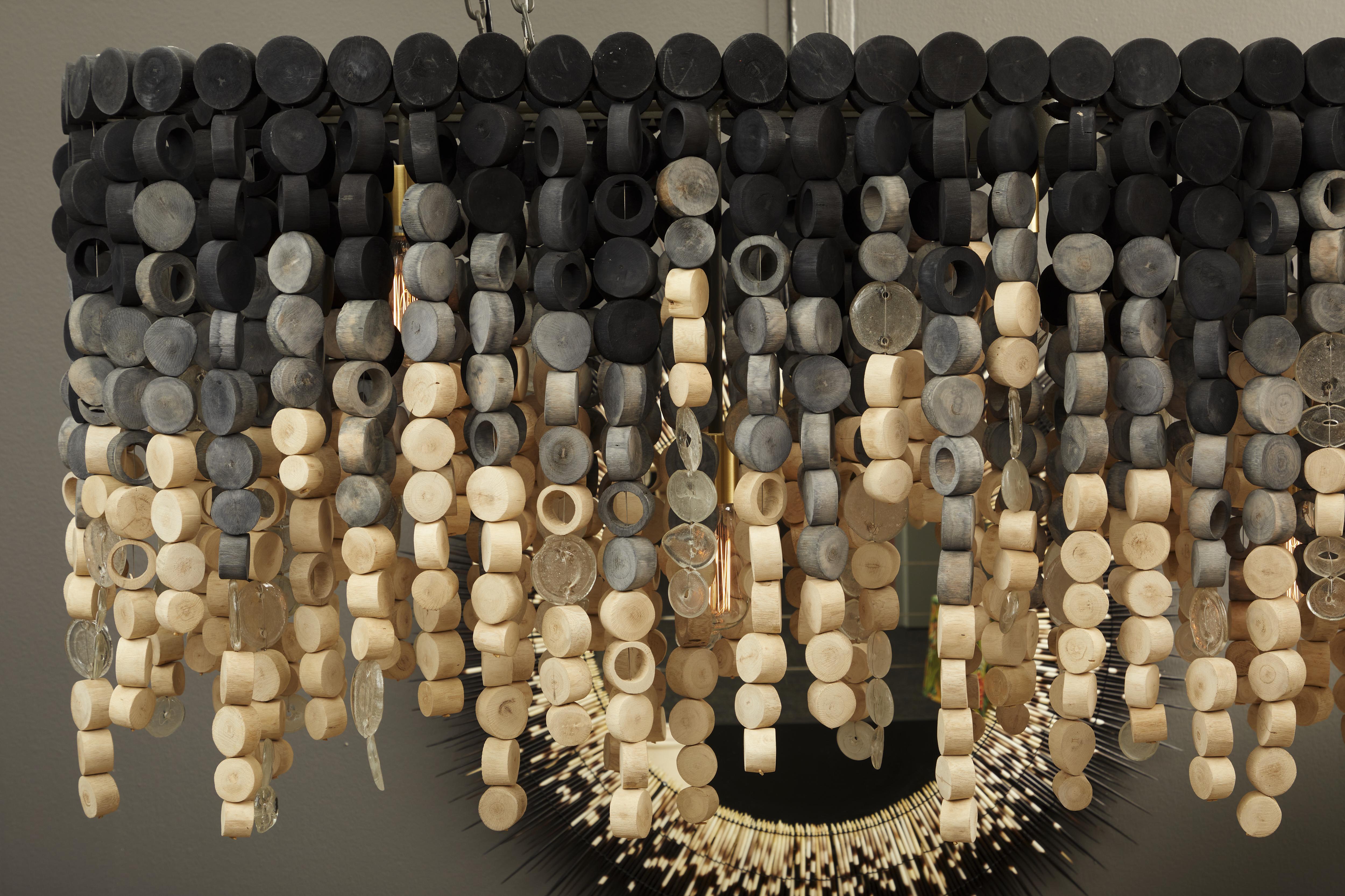 Large Oval Wood Disc Chandelier in Ombre Finish with Recycled Glass