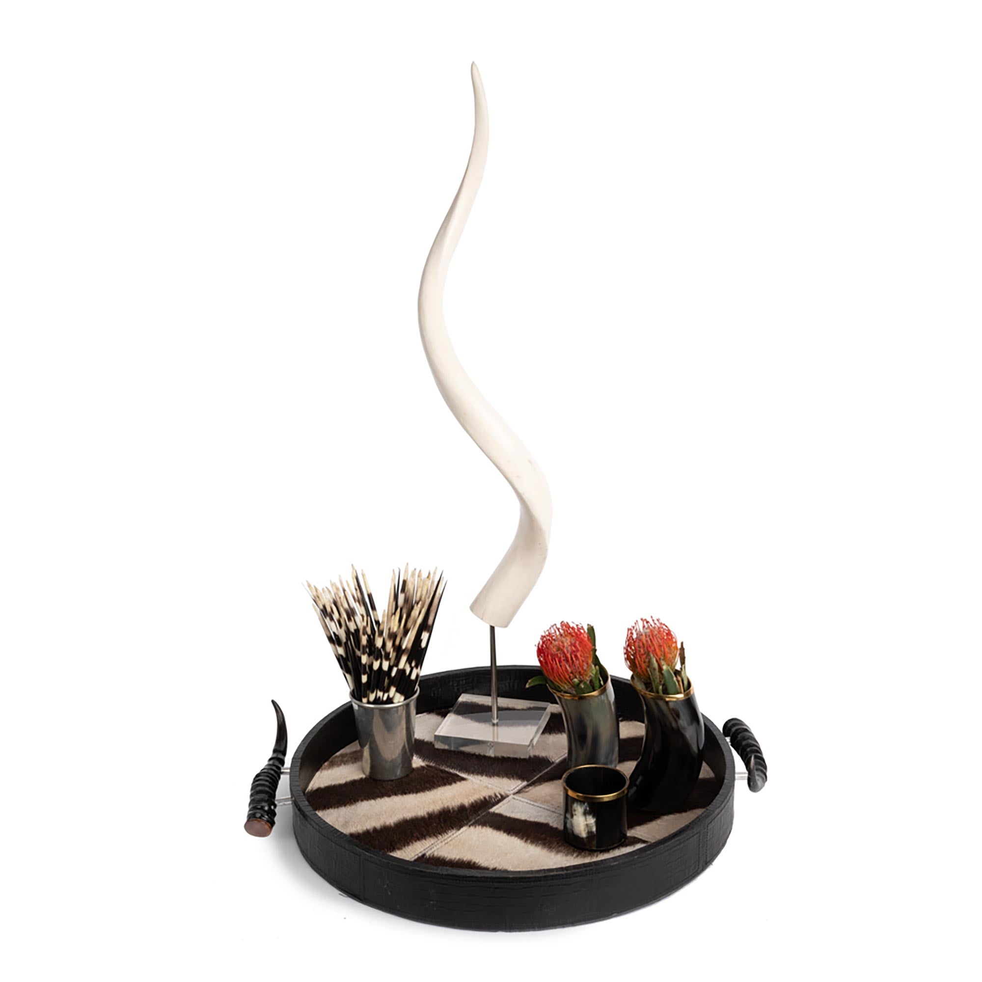 Leather Round Tray w/ Zebra Inlay / Springbok Horn Handles