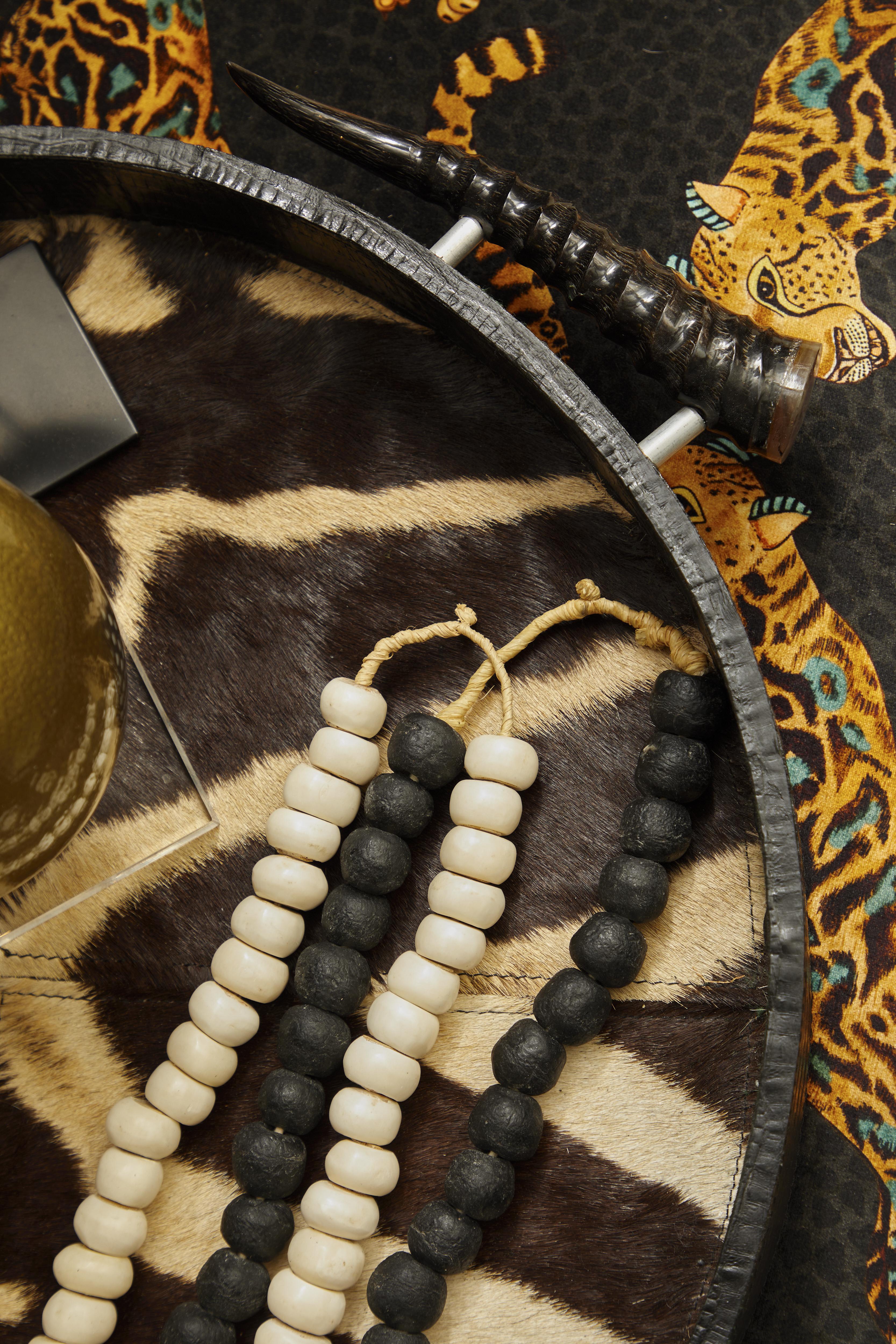 Leather Round Tray w/ Zebra Inlay / Springbok Horn Handles