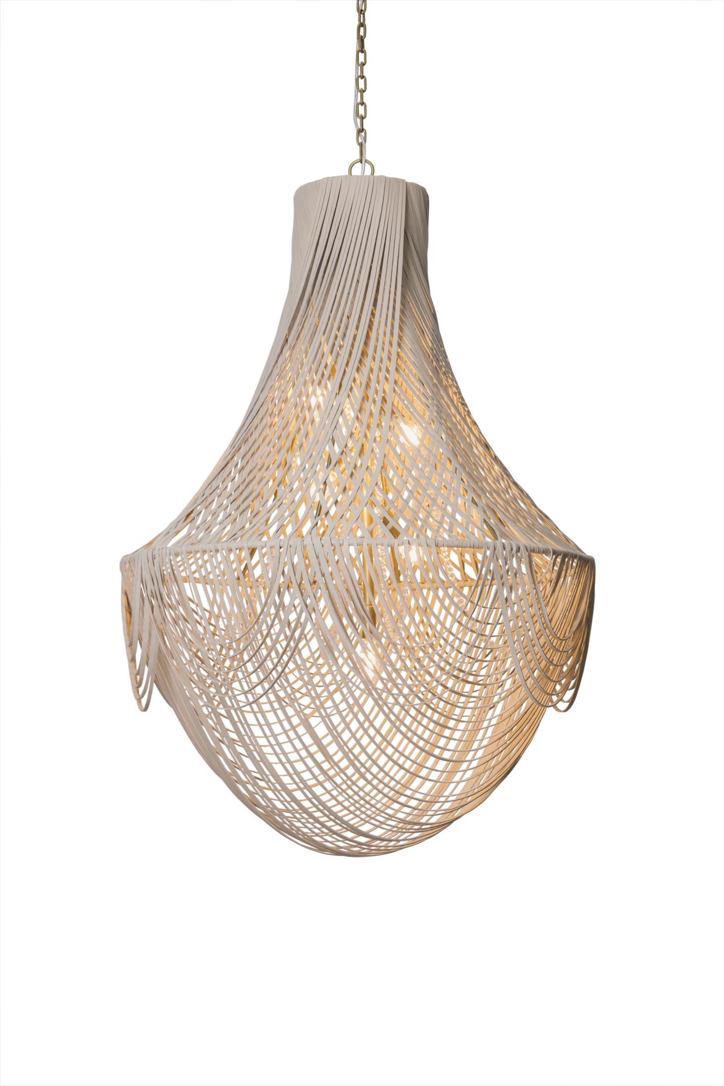 Large Empire Leather Chandelier in Cream-Stone Leather