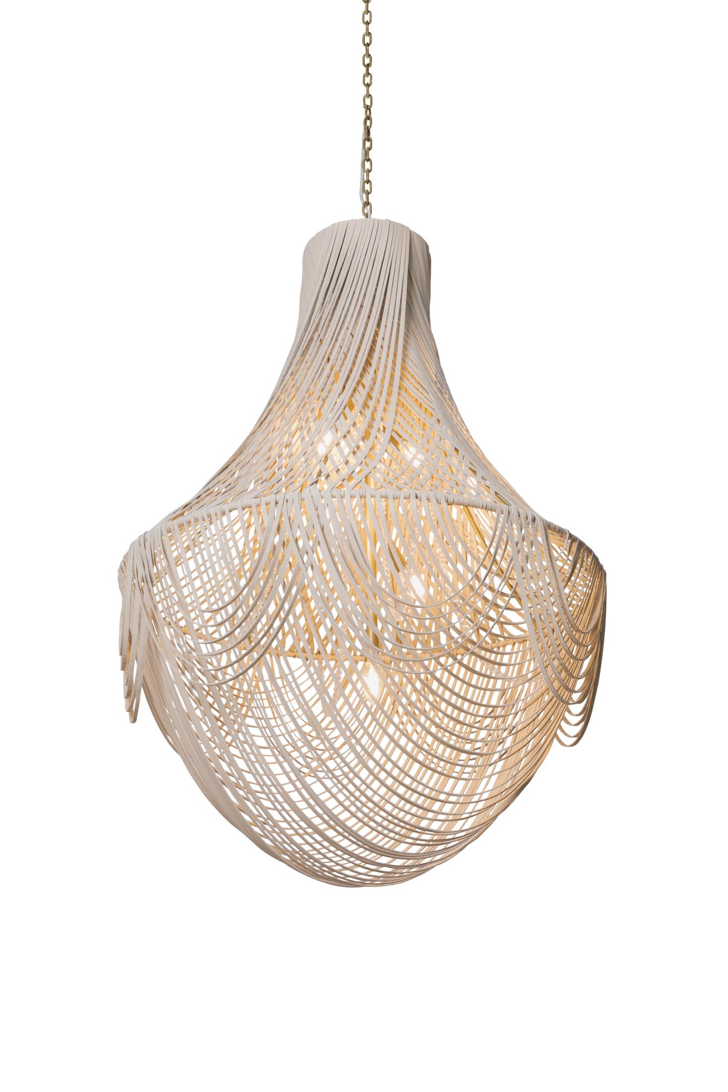 Large Empire Leather Chandelier in Cream-Stone Leather