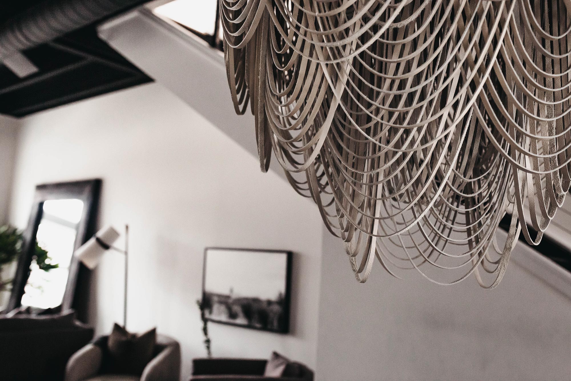 Large Round Whisper Leather Chandelier in Cream-Stone Leather