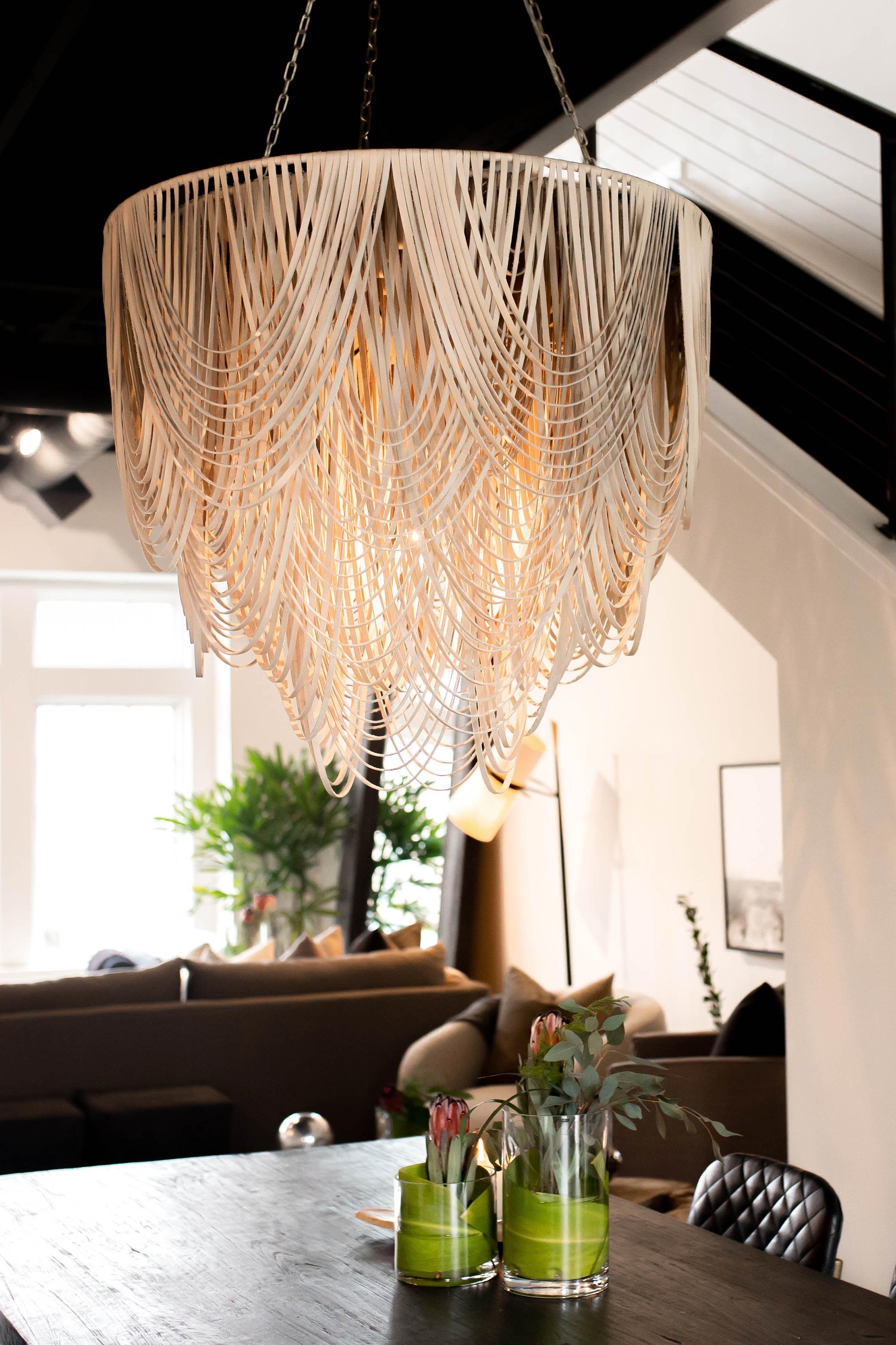 Large Round Whisper Leather Chandelier in Cream-Stone Leather