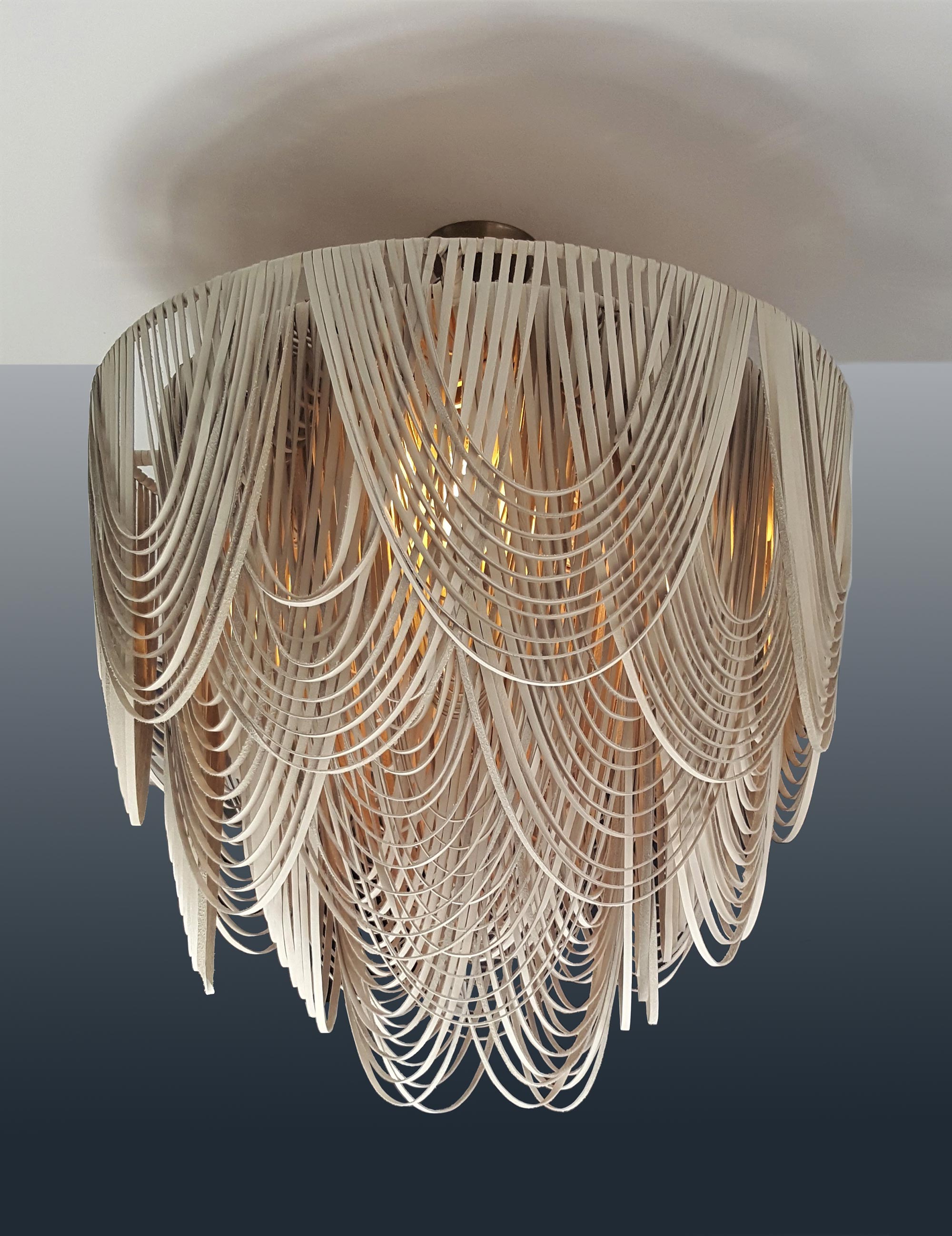 Large Round Whisper Leather Chandelier in Cream-Stone Leather