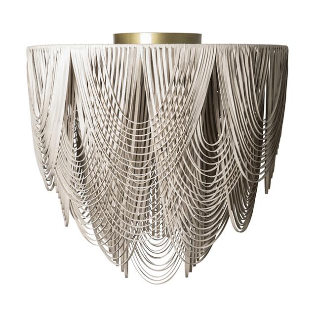 Large Round Whisper Flush Mount Leather Chandelier in Cream-Stone Leather