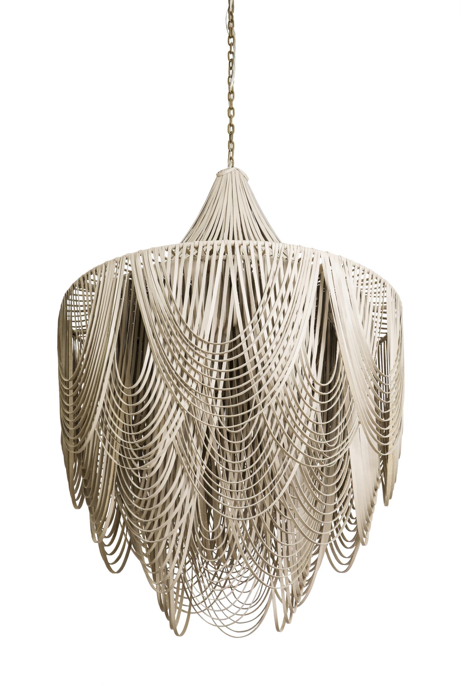 Large Round Whisper with Crown Leather Chandelier in Cream-Stone Leather