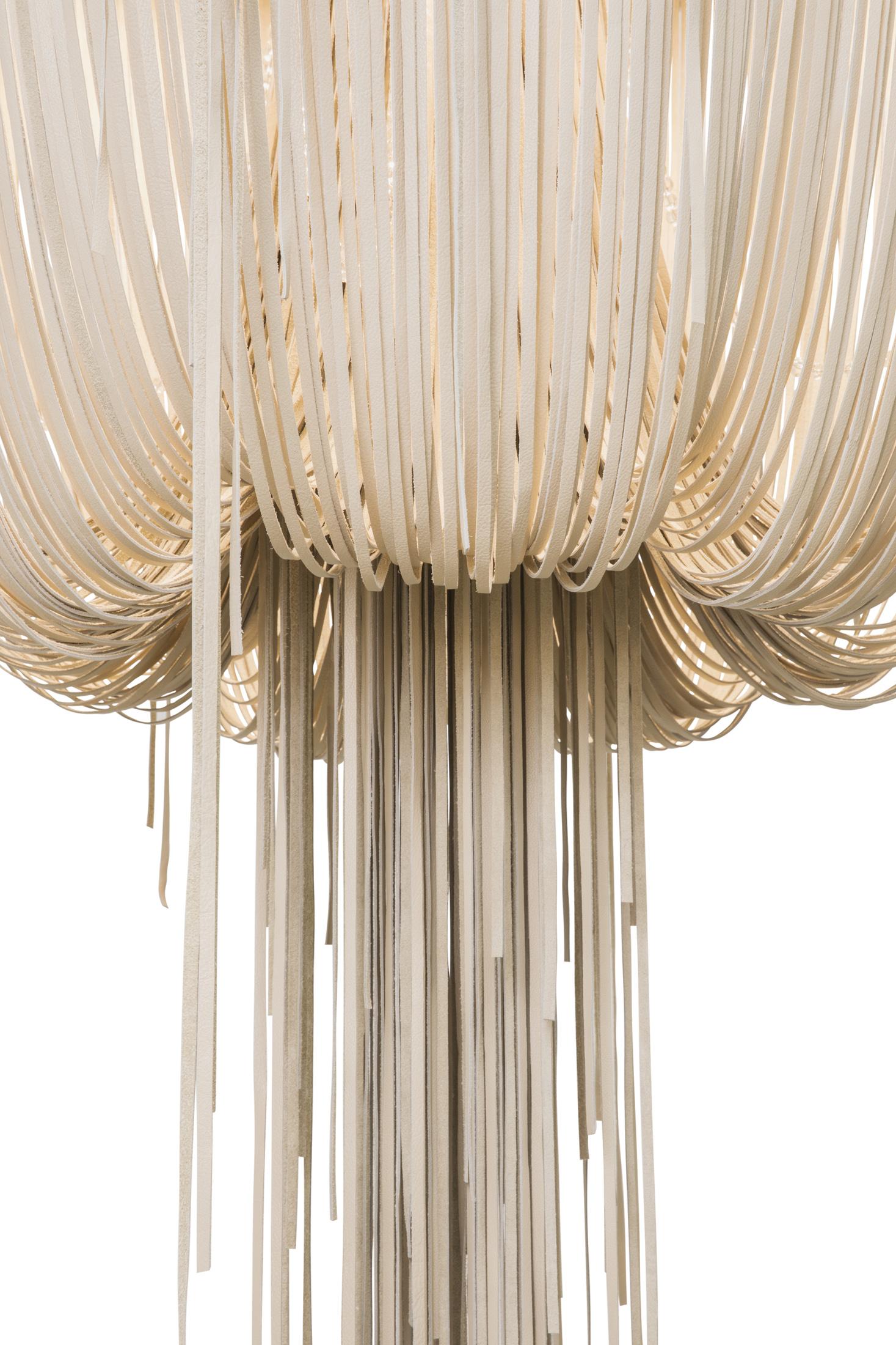Medium Round Urchin Leather Chandelier in Cream-Stone Leather