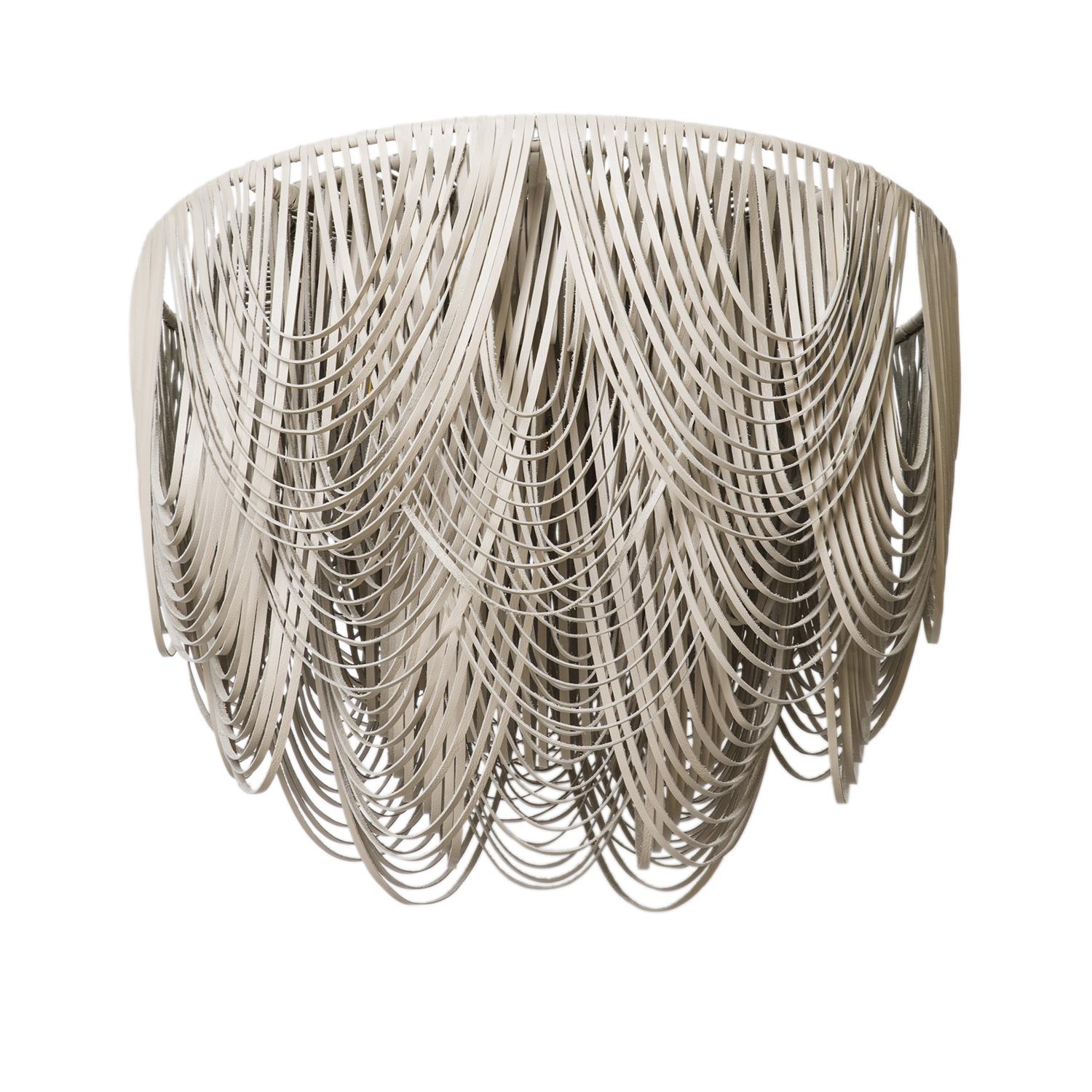 Medium Round Whisper Flush Mount Leather Chandelier in Cream-Stone Leather