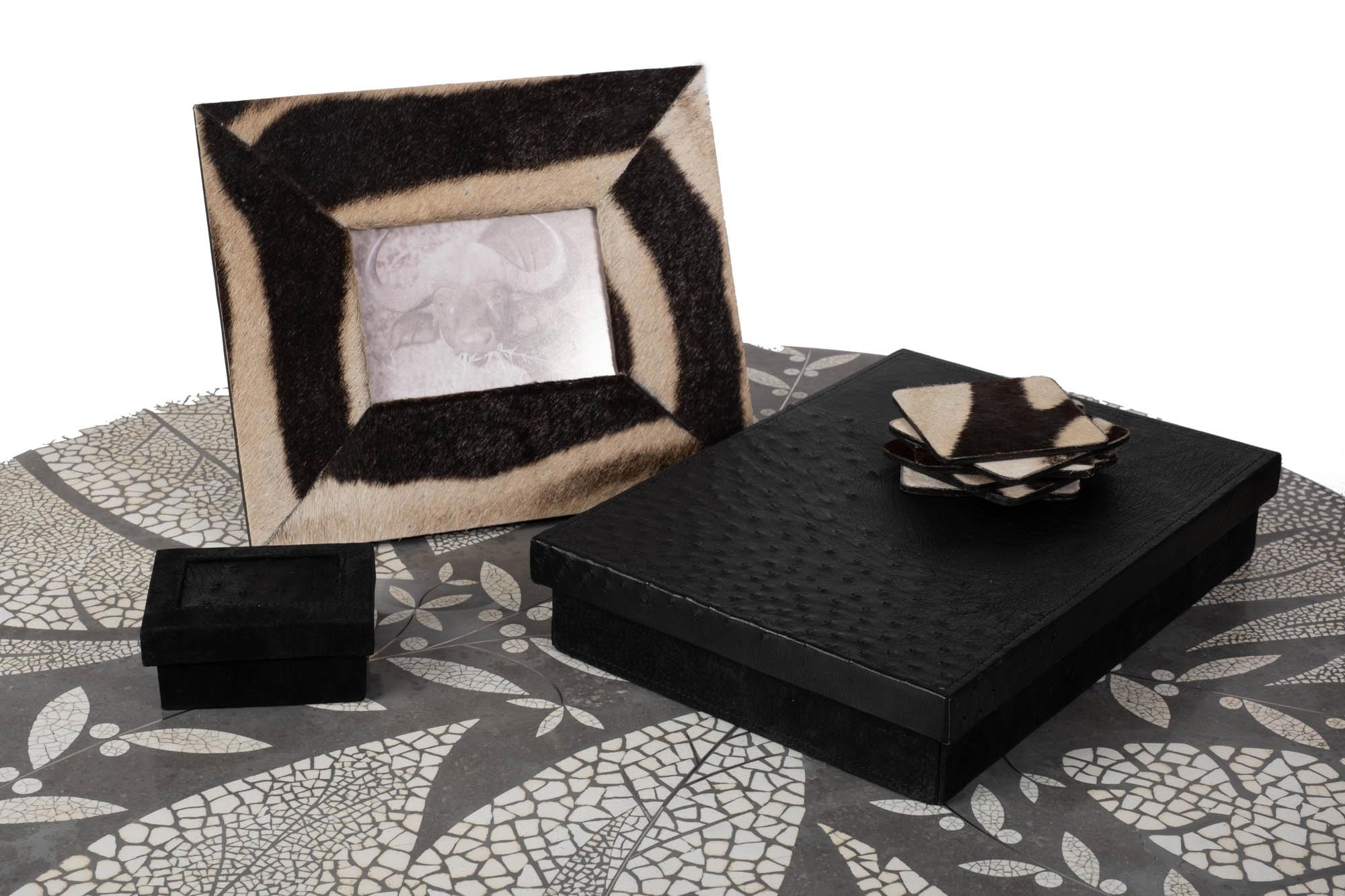 Desk Organizer Box - Ostrich Leather/Suede - Black