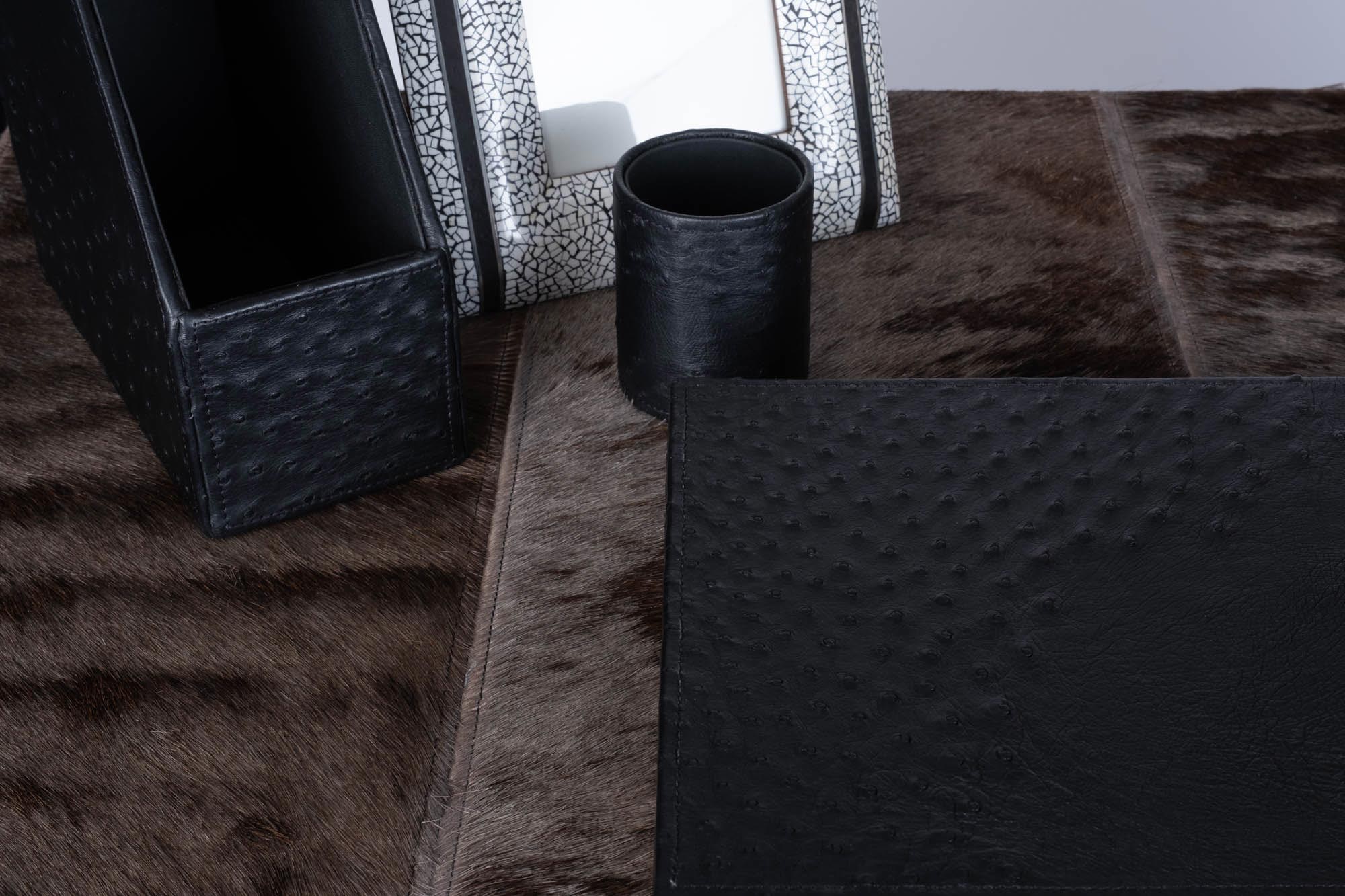 Desk Organizer Box - Ostrich Leather/Suede - Black