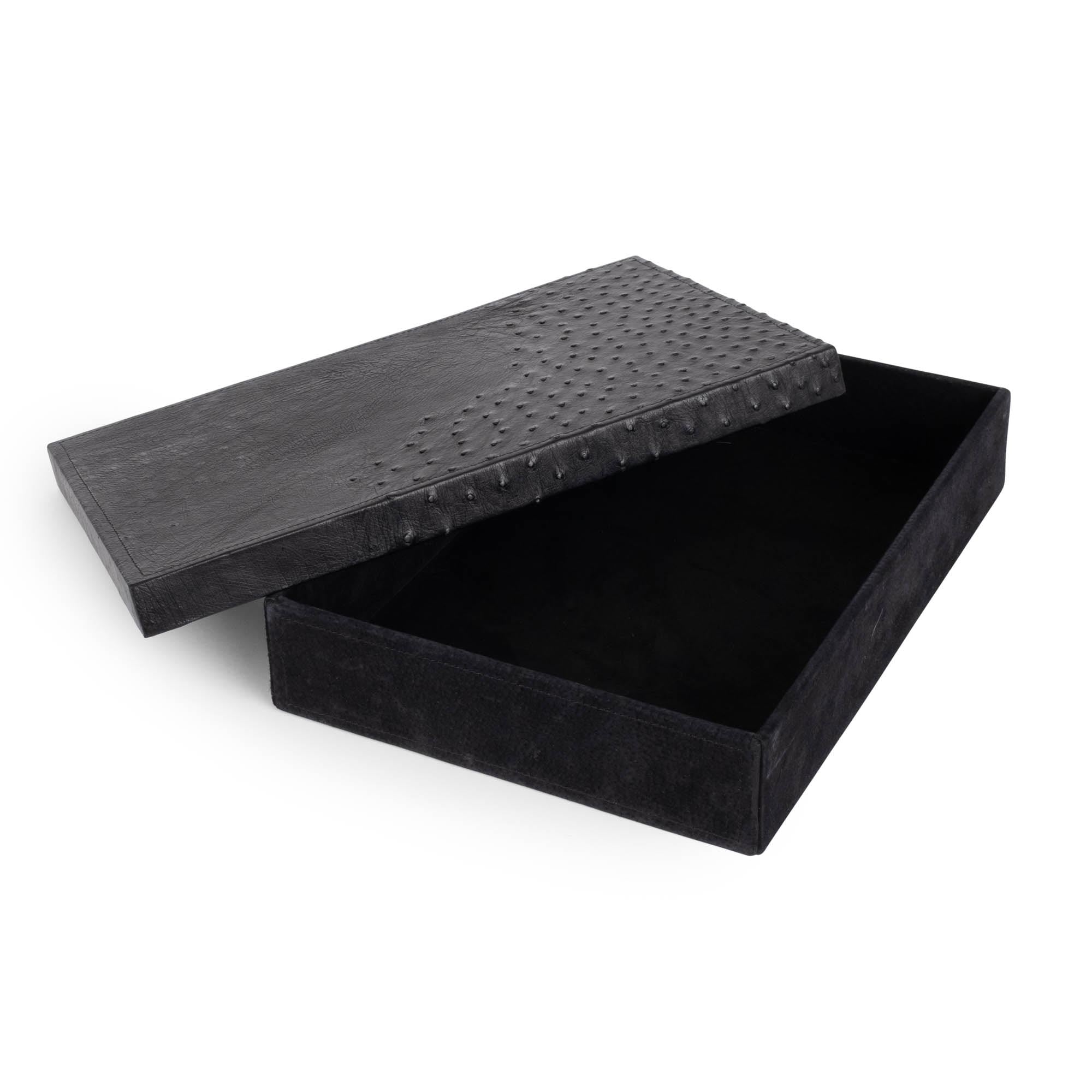 Desk Organizer Box - Ostrich Leather/Suede - Black