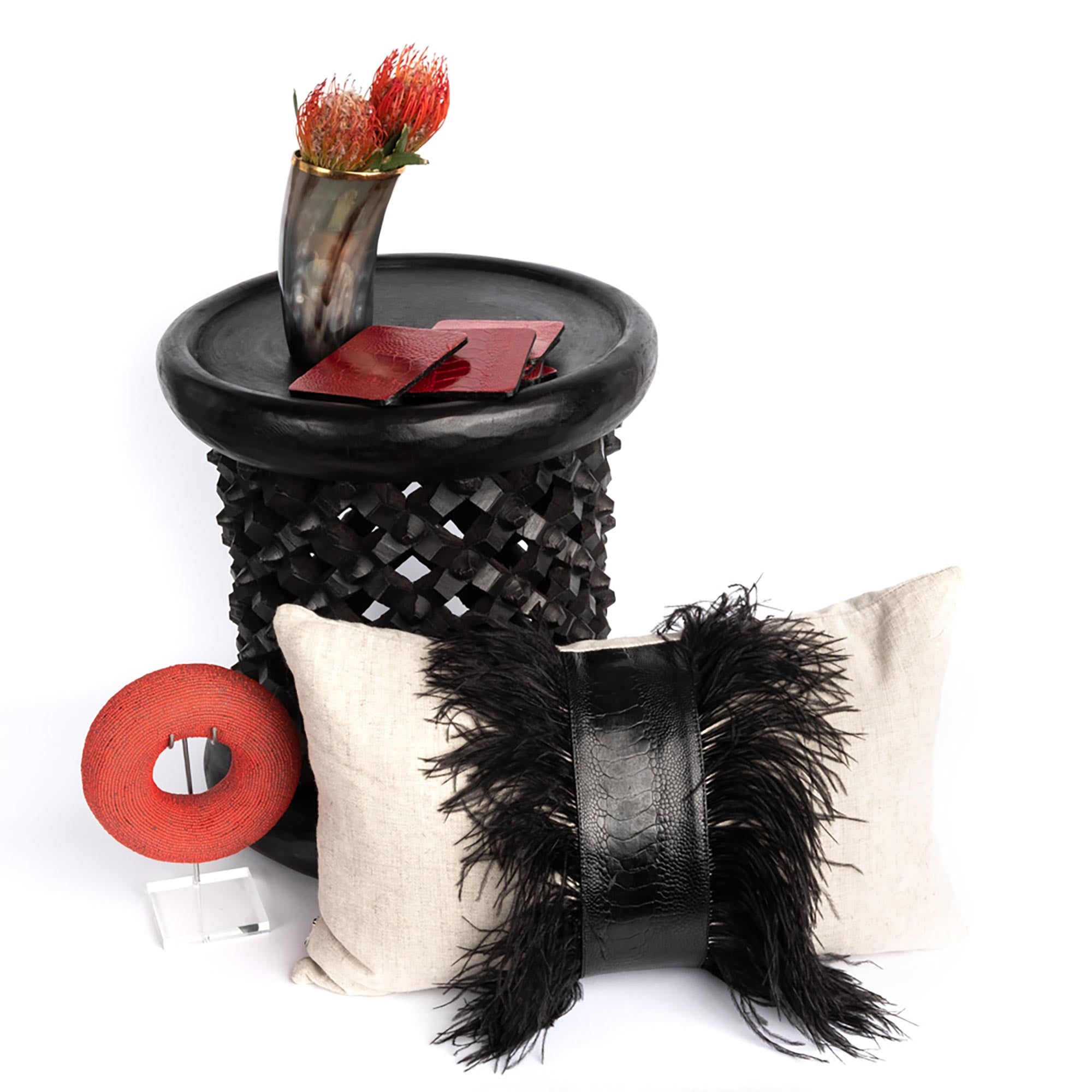 Ostrich Trim Pillow - Black / Linen