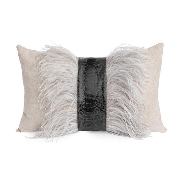 Ostrich Trim Pillow - Grey / Linen
