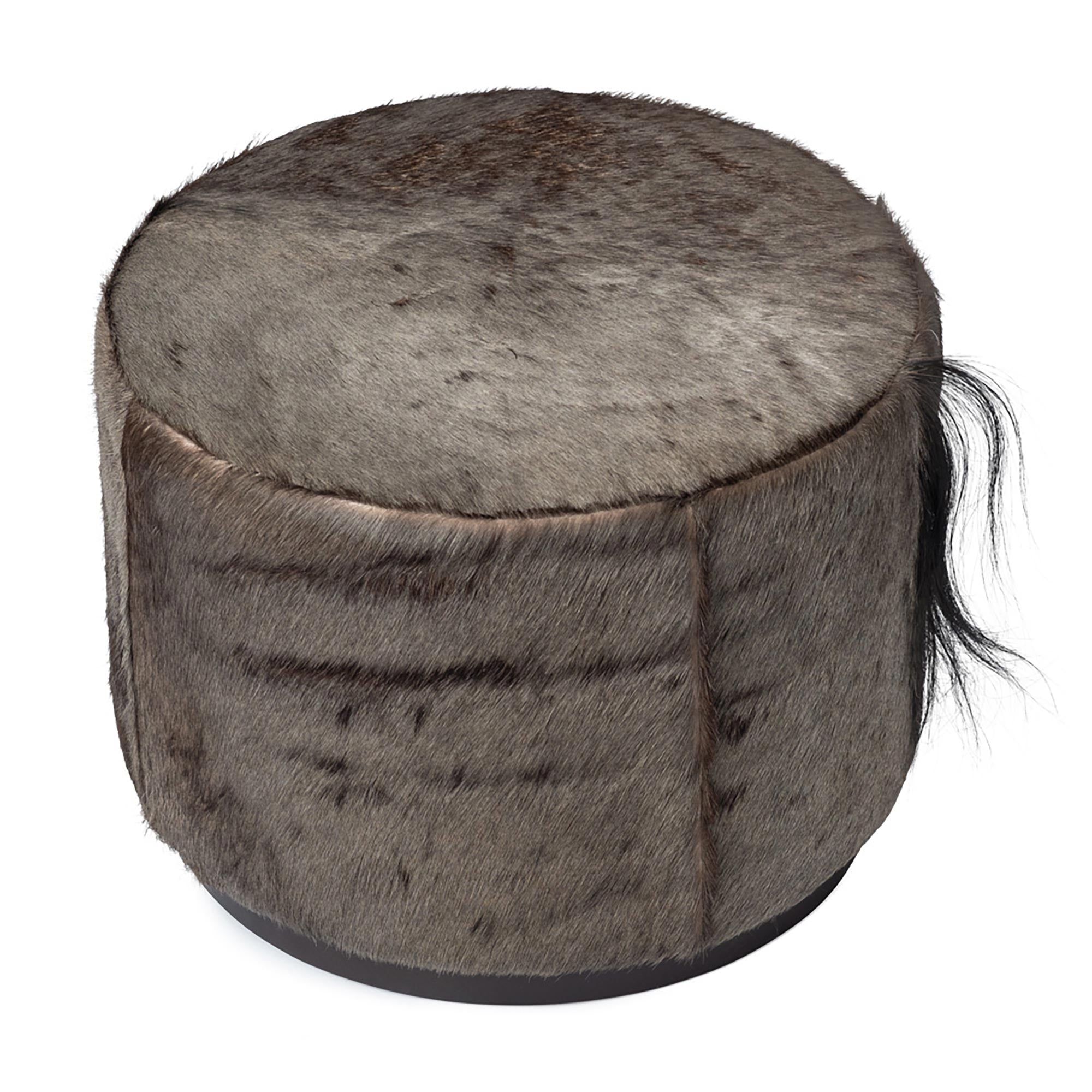 Round Wildebeest Hide Ottoman