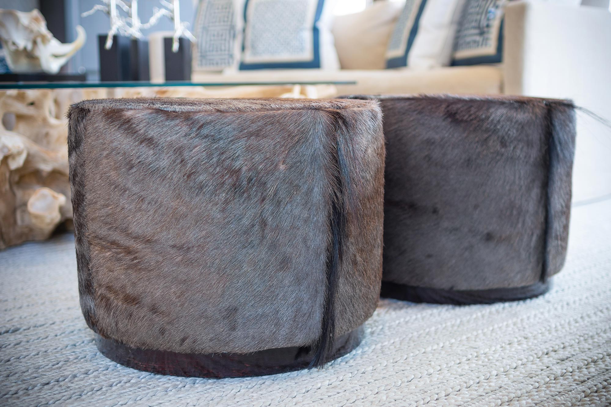 Round Wildebeest Hide Ottoman