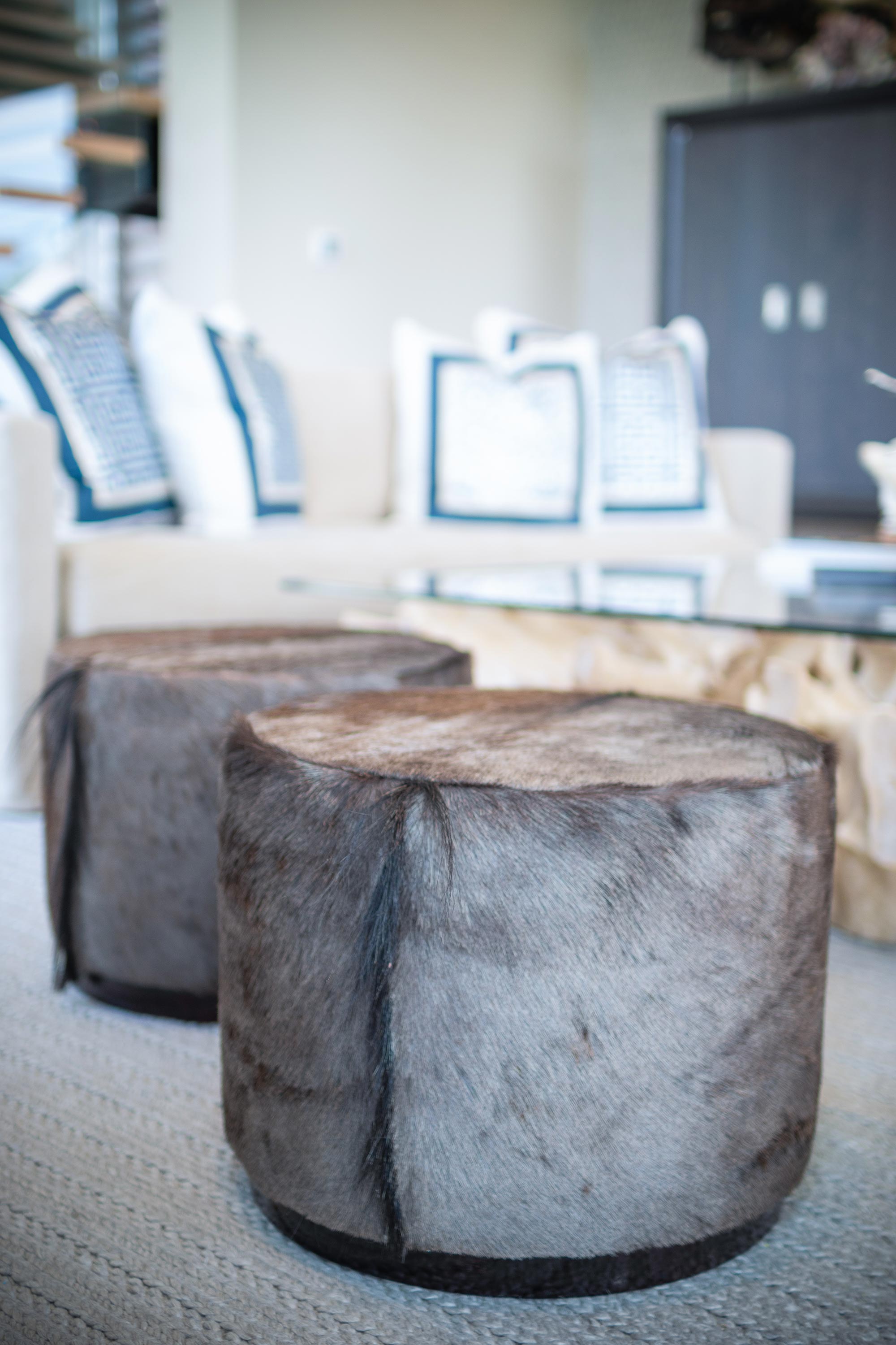 Round Wildebeest Hide Ottoman