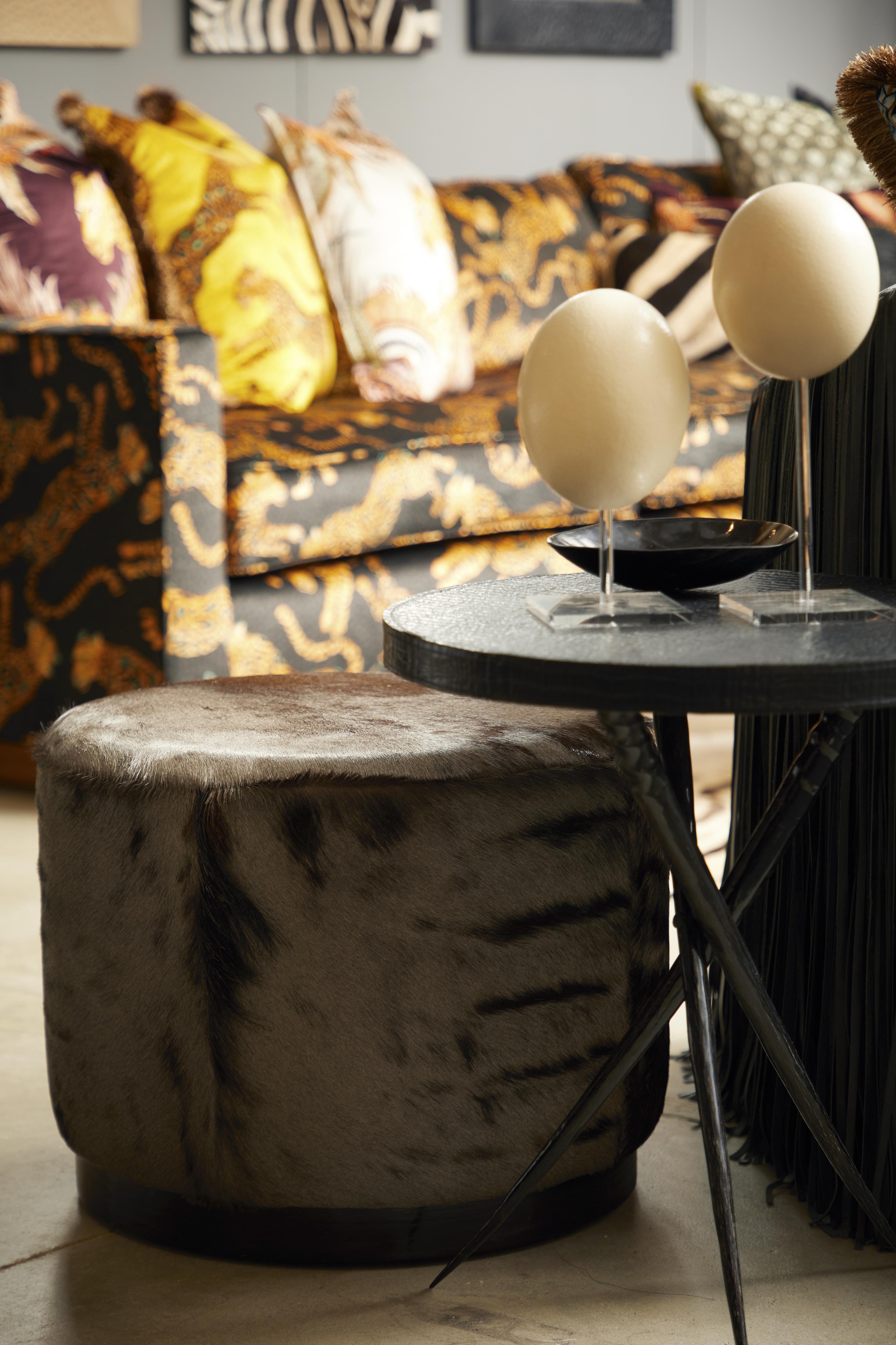 Round Wildebeest Hide Ottoman