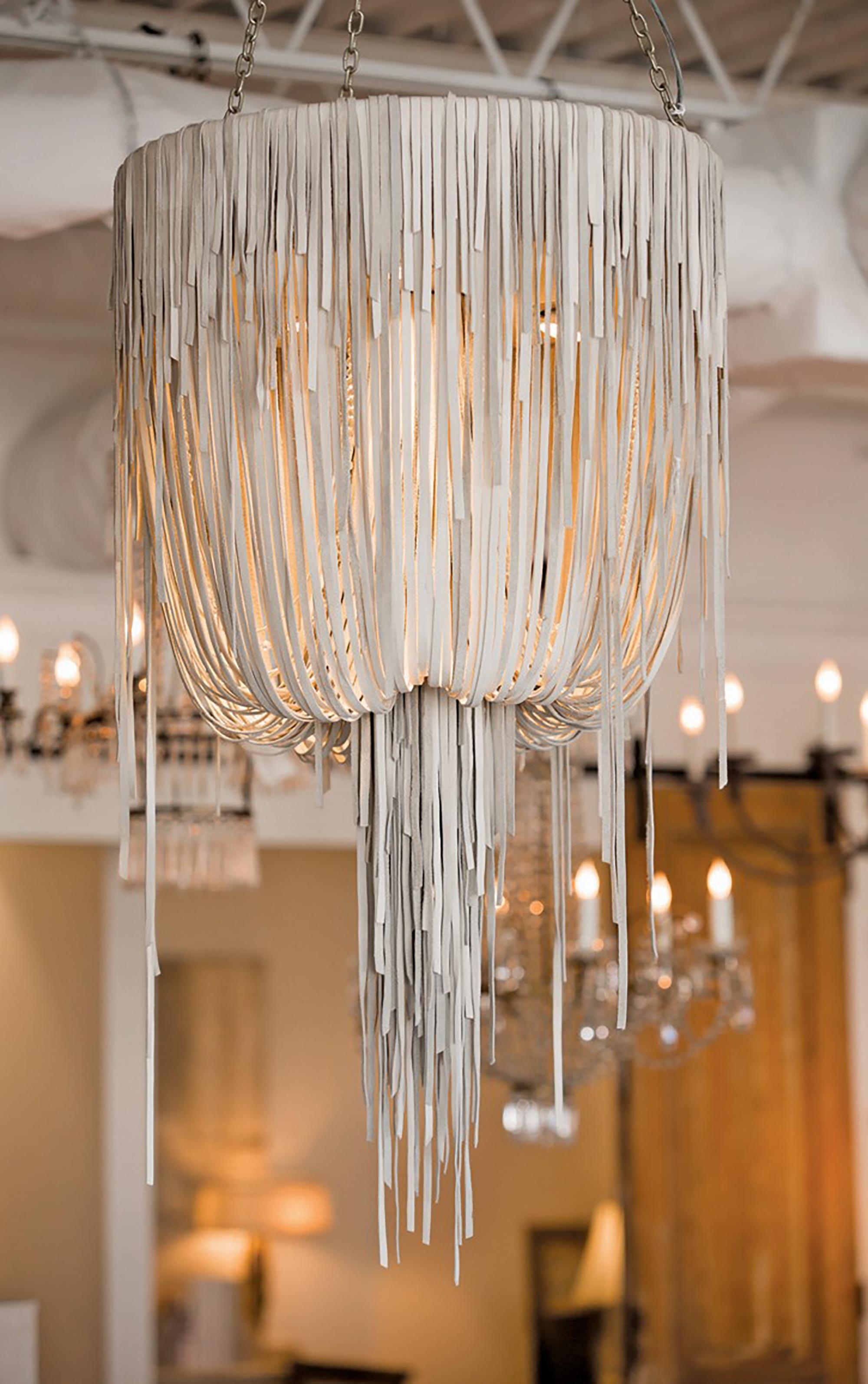 Small Round Urchin Leather Chandelier in Cream-Stone Leather