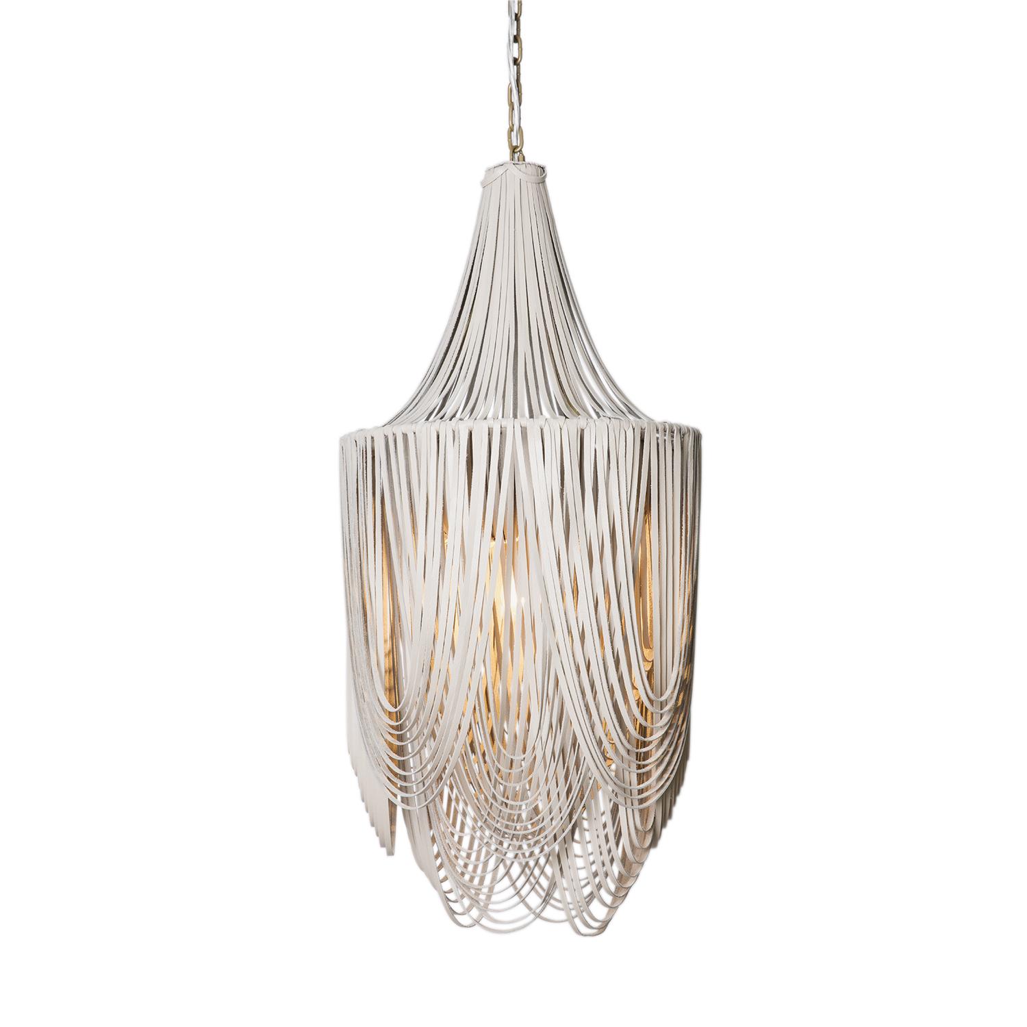 Small Round Whisper with Crown Leather Chandelier in Cream-Stone Leather