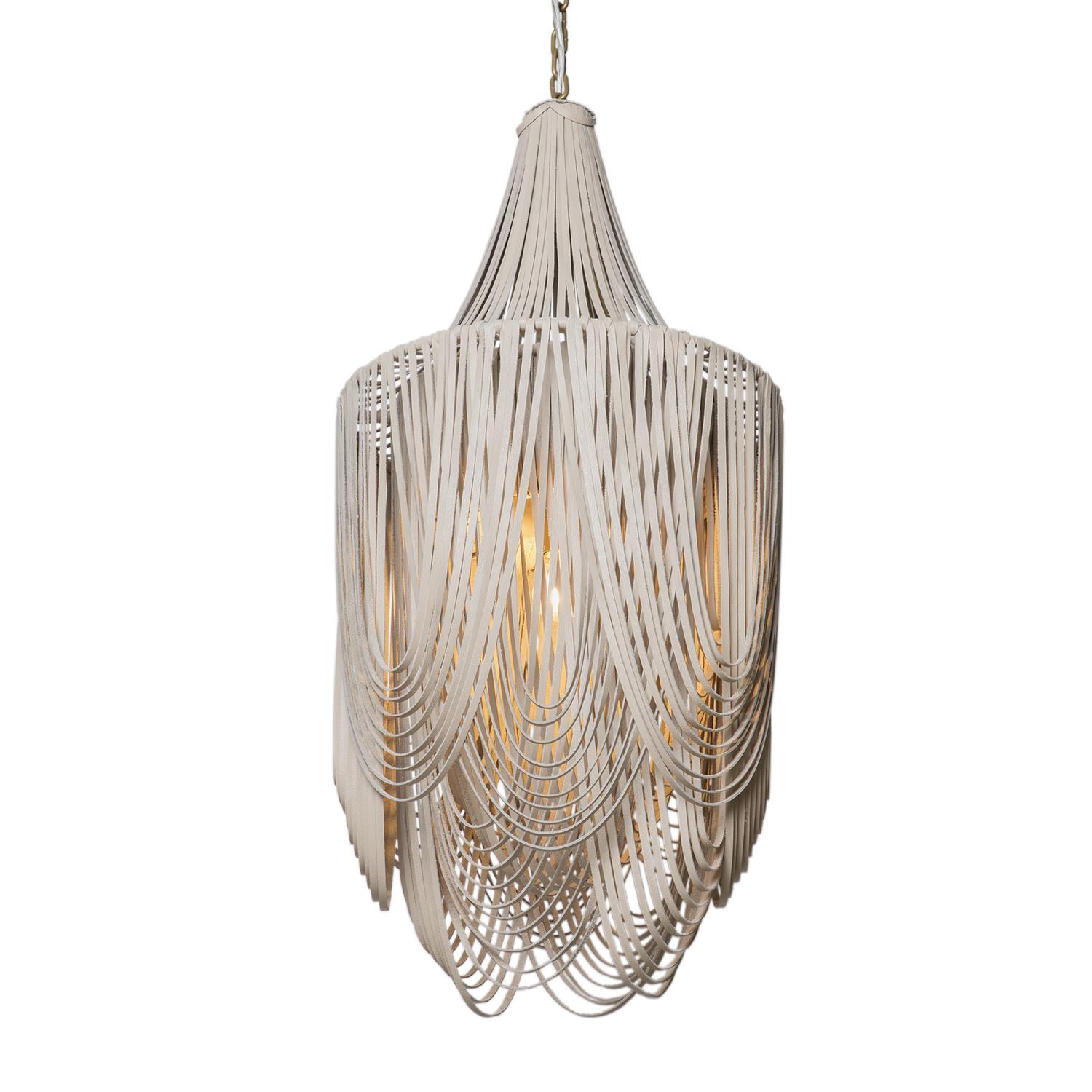 Small Round Whisper with Crown Leather Chandelier in Cream-Stone Leather