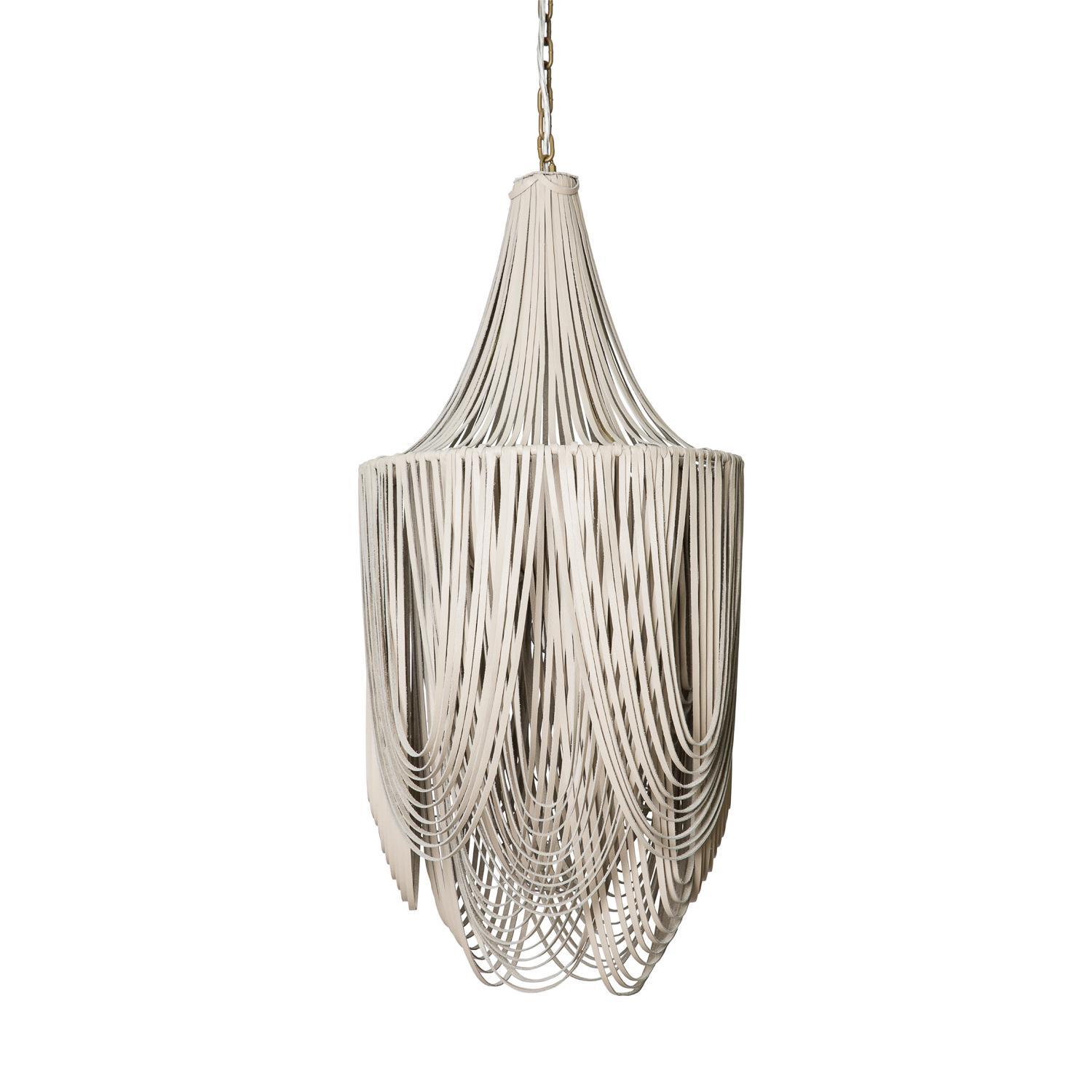 Small Round Whisper with Crown Leather Chandelier in Cream-Stone Leather