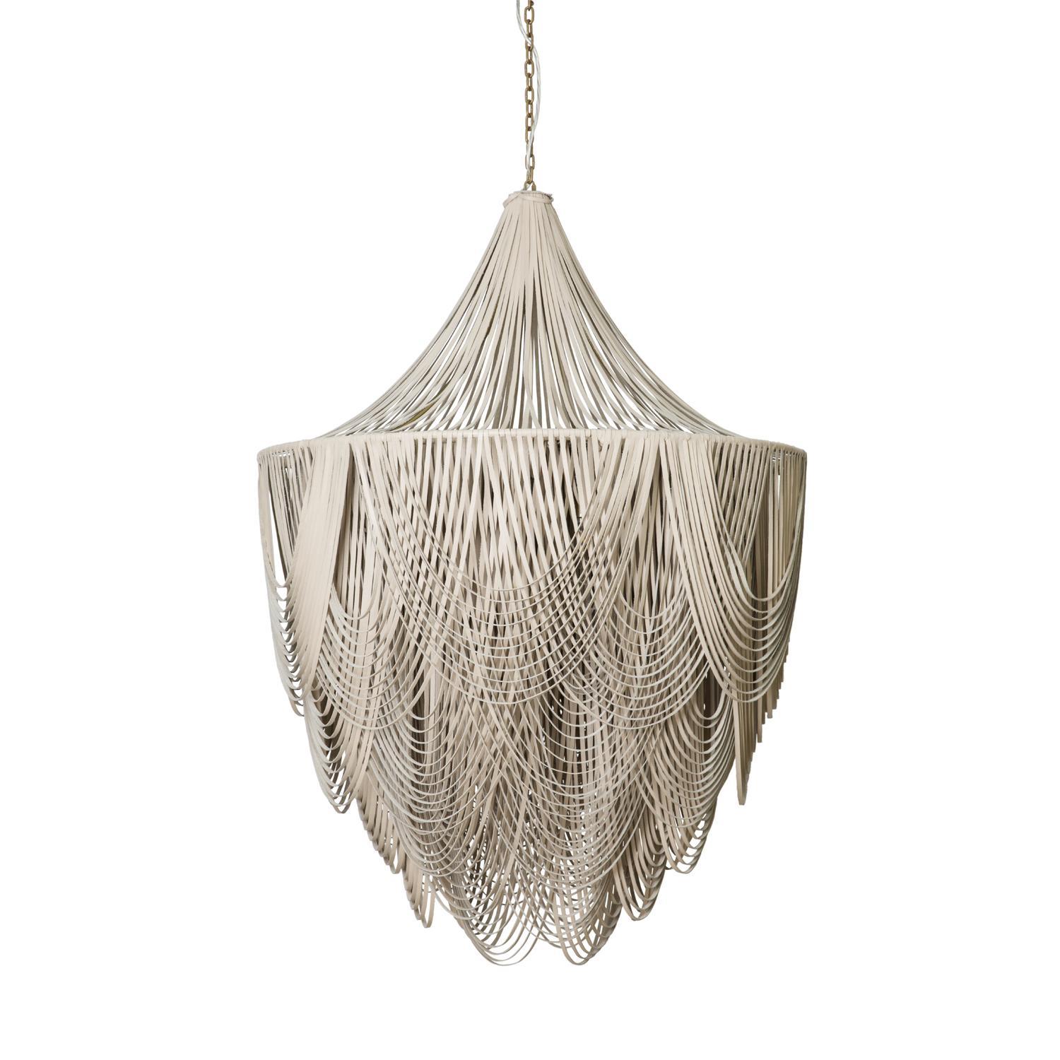 Extra Large Round Whisper with Crown Leather Chandelier in Cream-Stone Leather