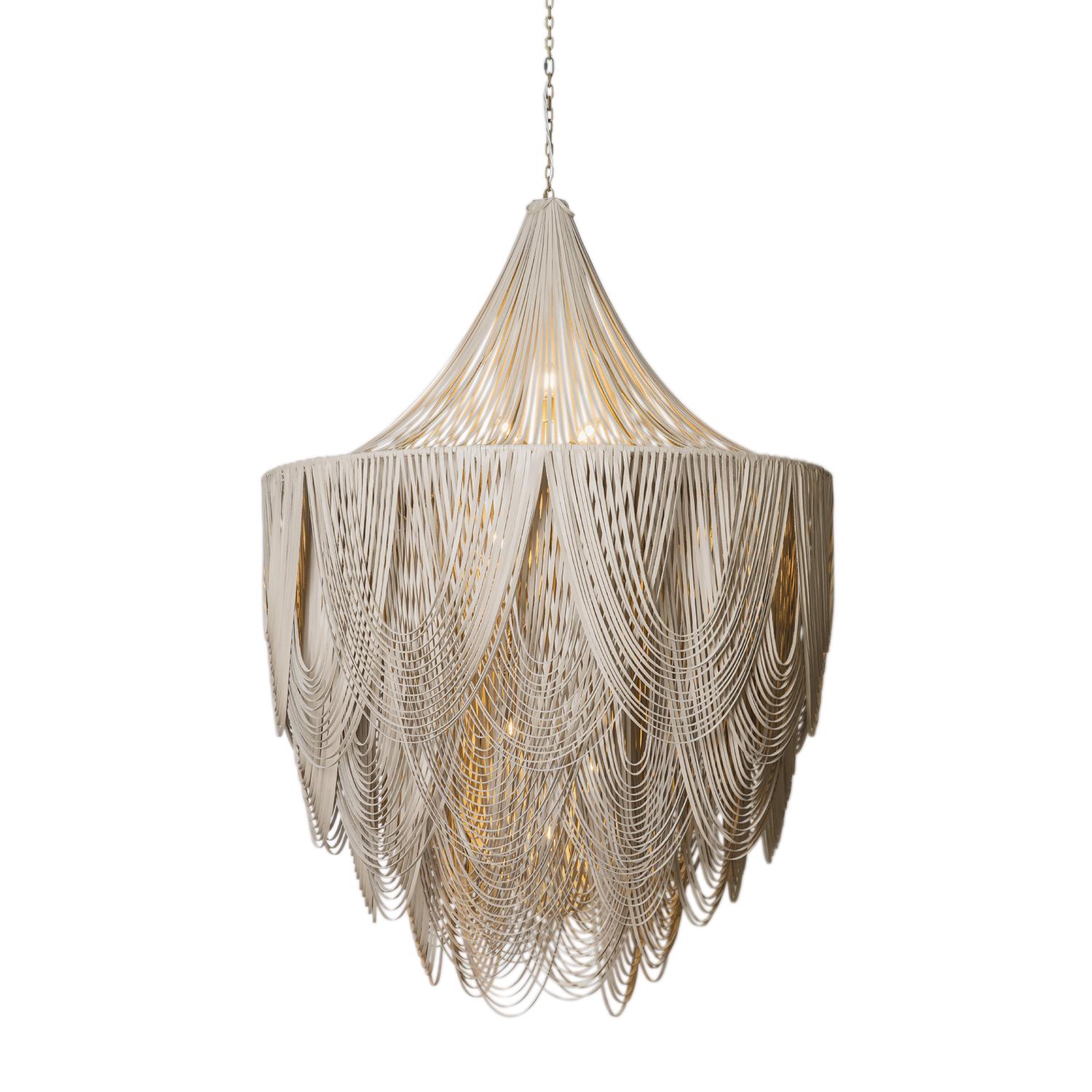 XXL Round Whisper with Crown Leather Chandelier in Cream-Stone Leather