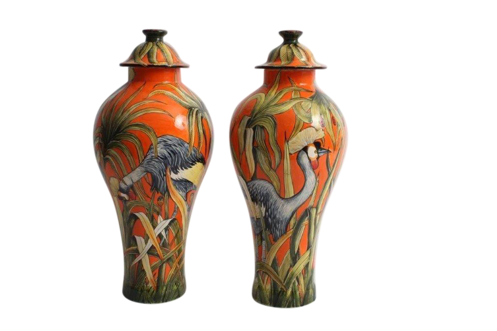 Ardmore Ceramic: Crested Crane Urns (Pair)
