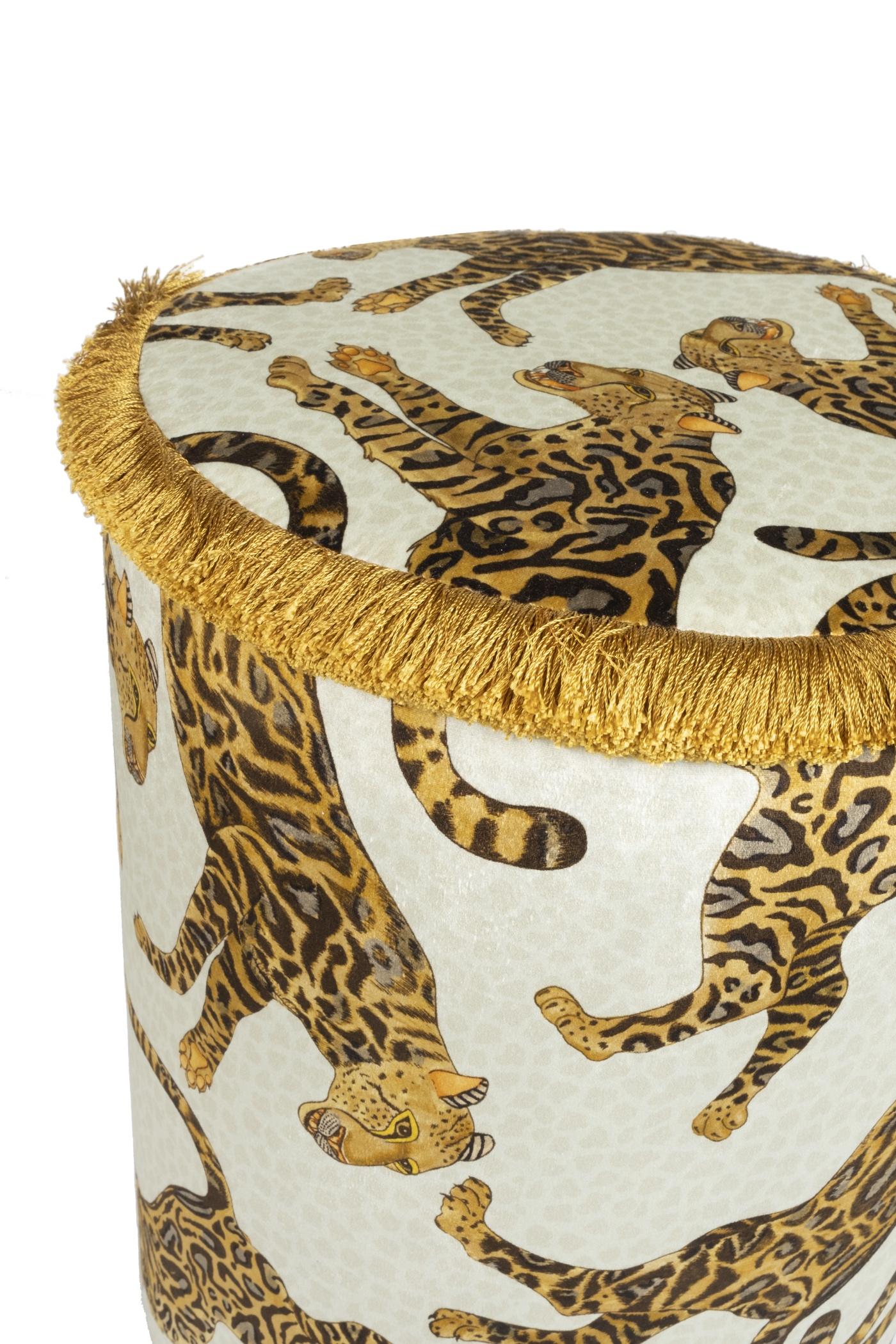 Cheetah Kings Stone Pouf with Fringe