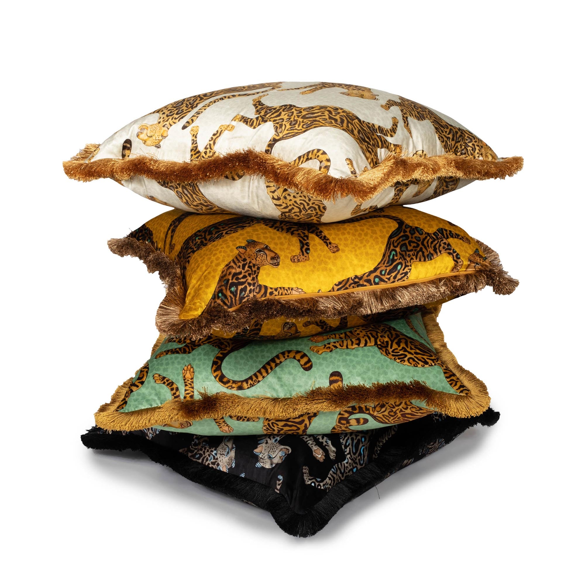 Cheetah Kings Pillow - Velvet w/ Fringe - Stone