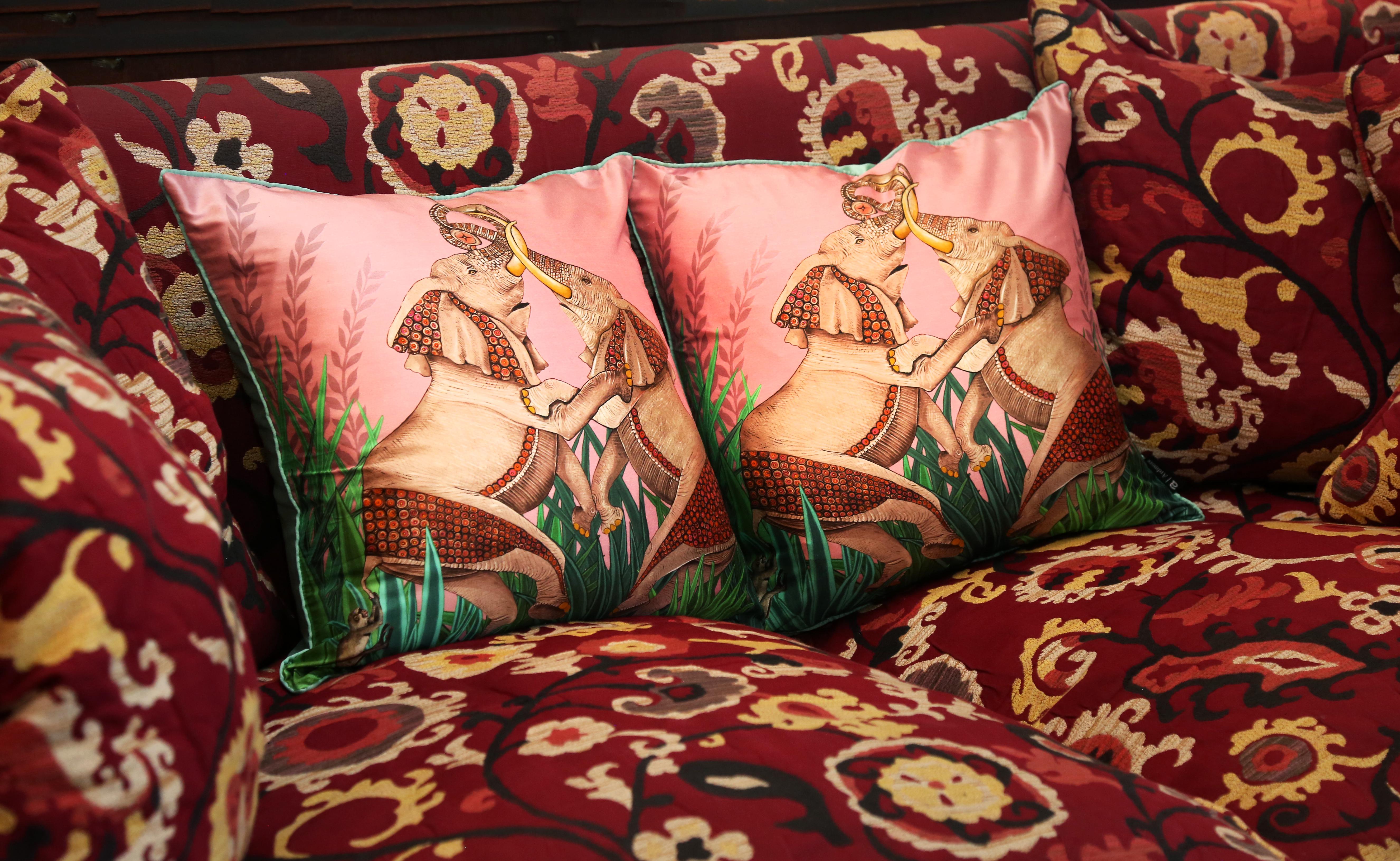 Dancing Elephants Pillow - Silk - Magnolia