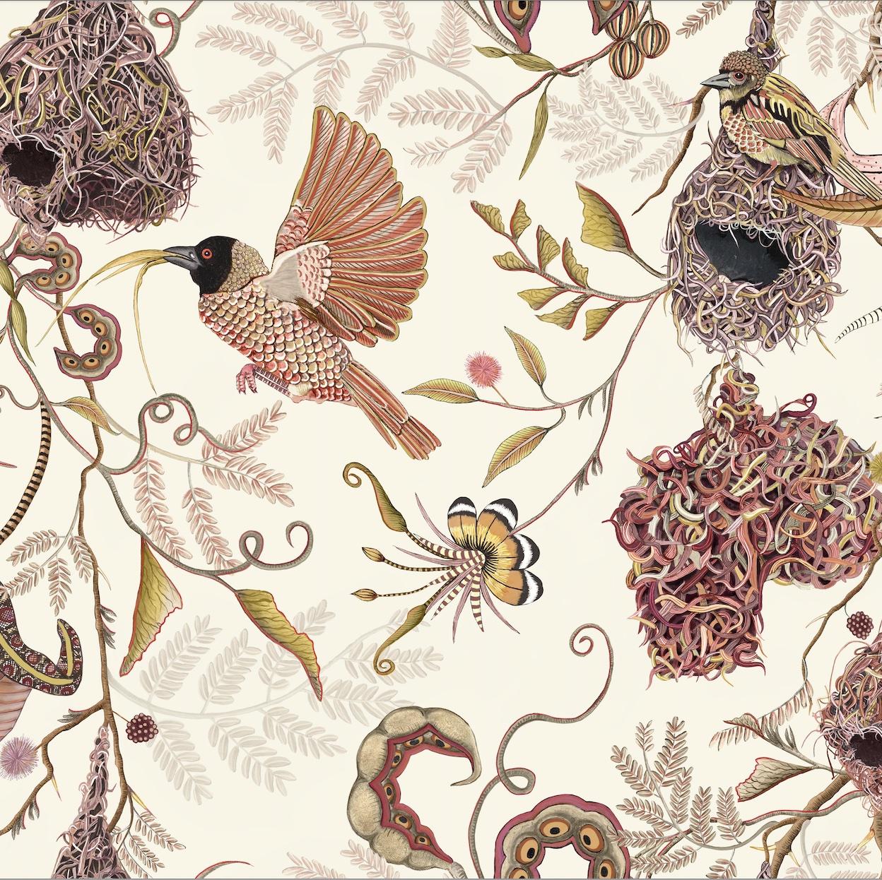 Thanda Nests Fabric - Linen - Plum
