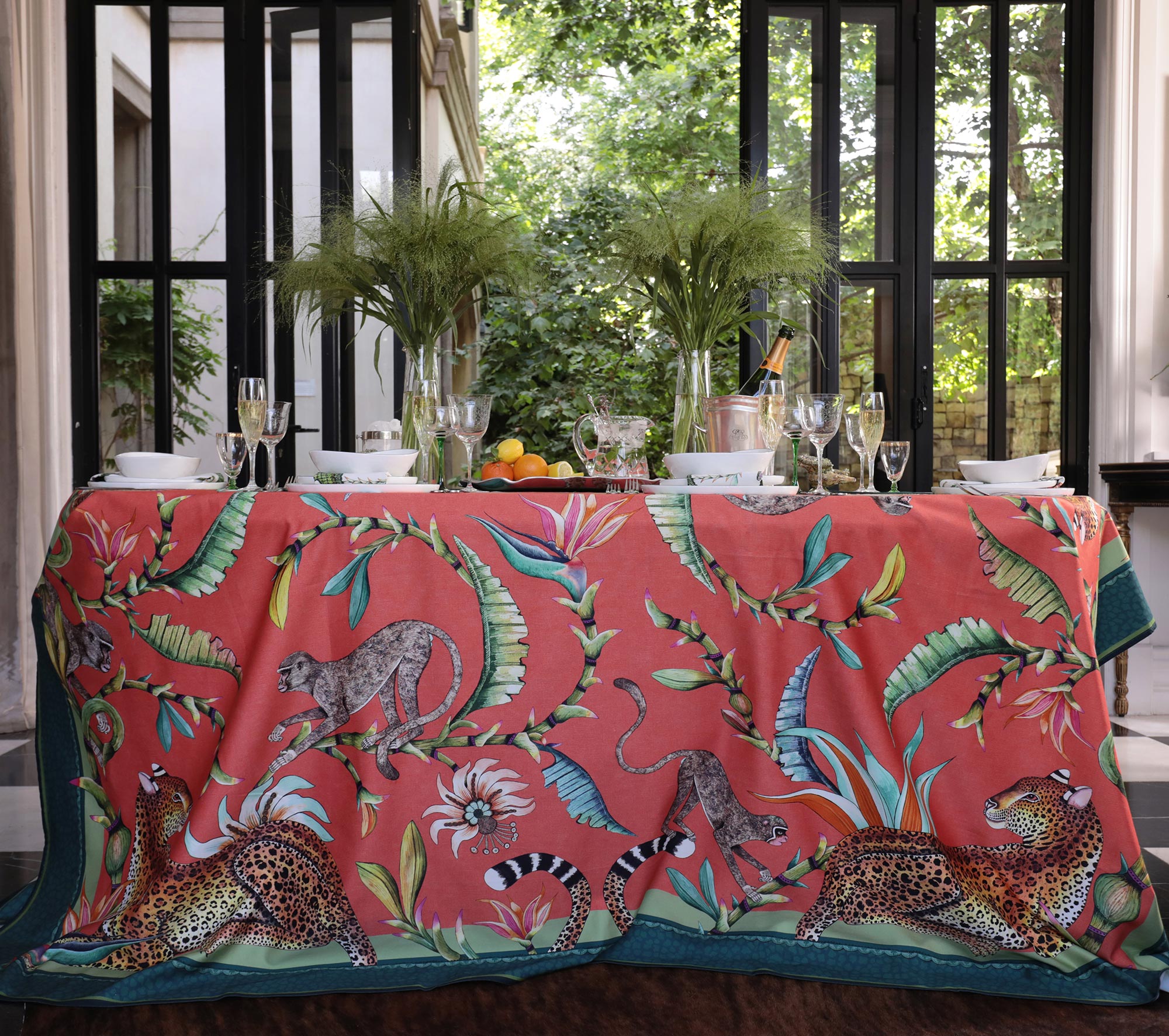 Monkey Paradise Tablecloth - Cotton - Coral - Large