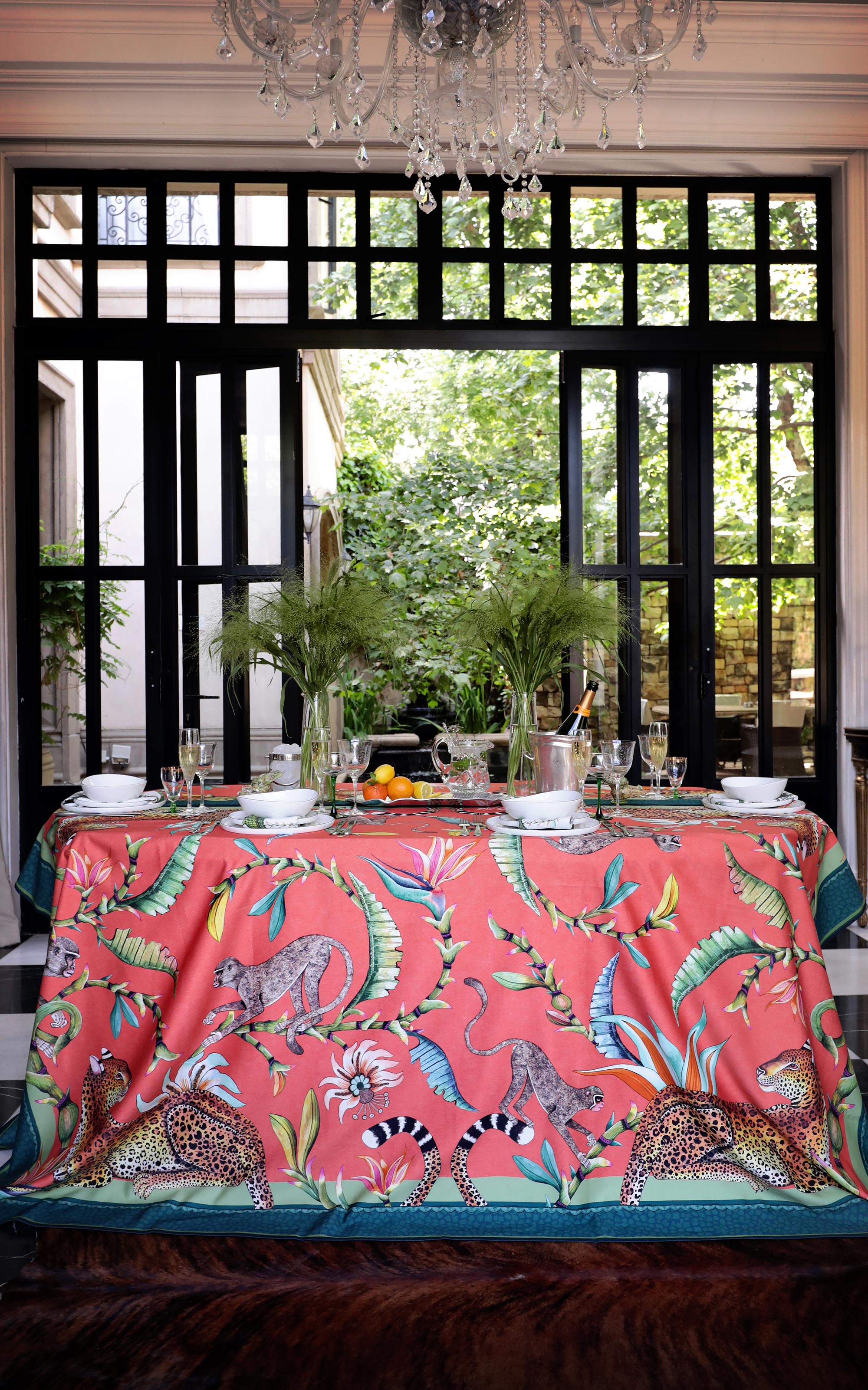 Monkey Paradise Tablecloth - Cotton - Coral - Large