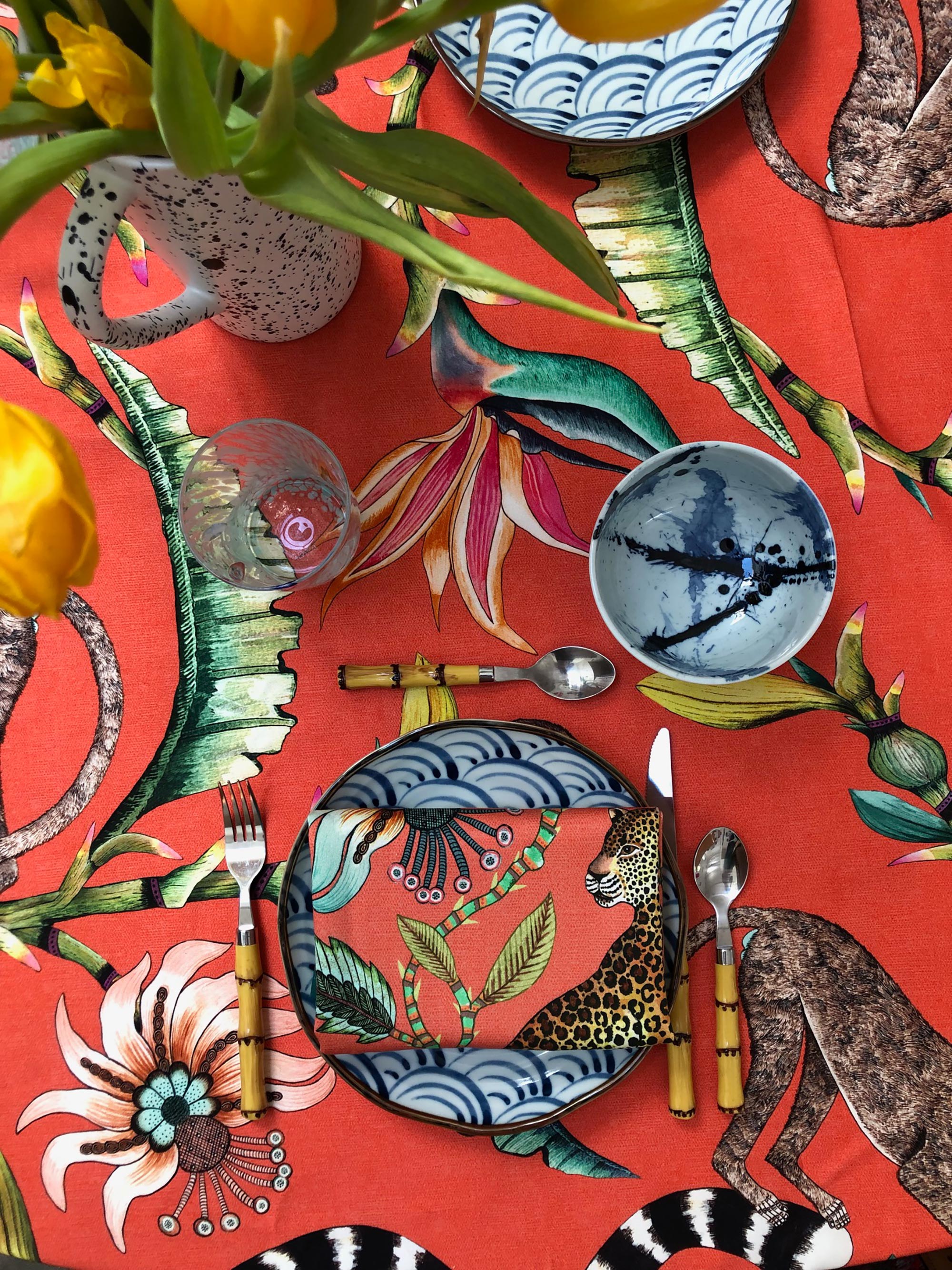 Monkey Paradise Tablecloth - Cotton - Coral - Large