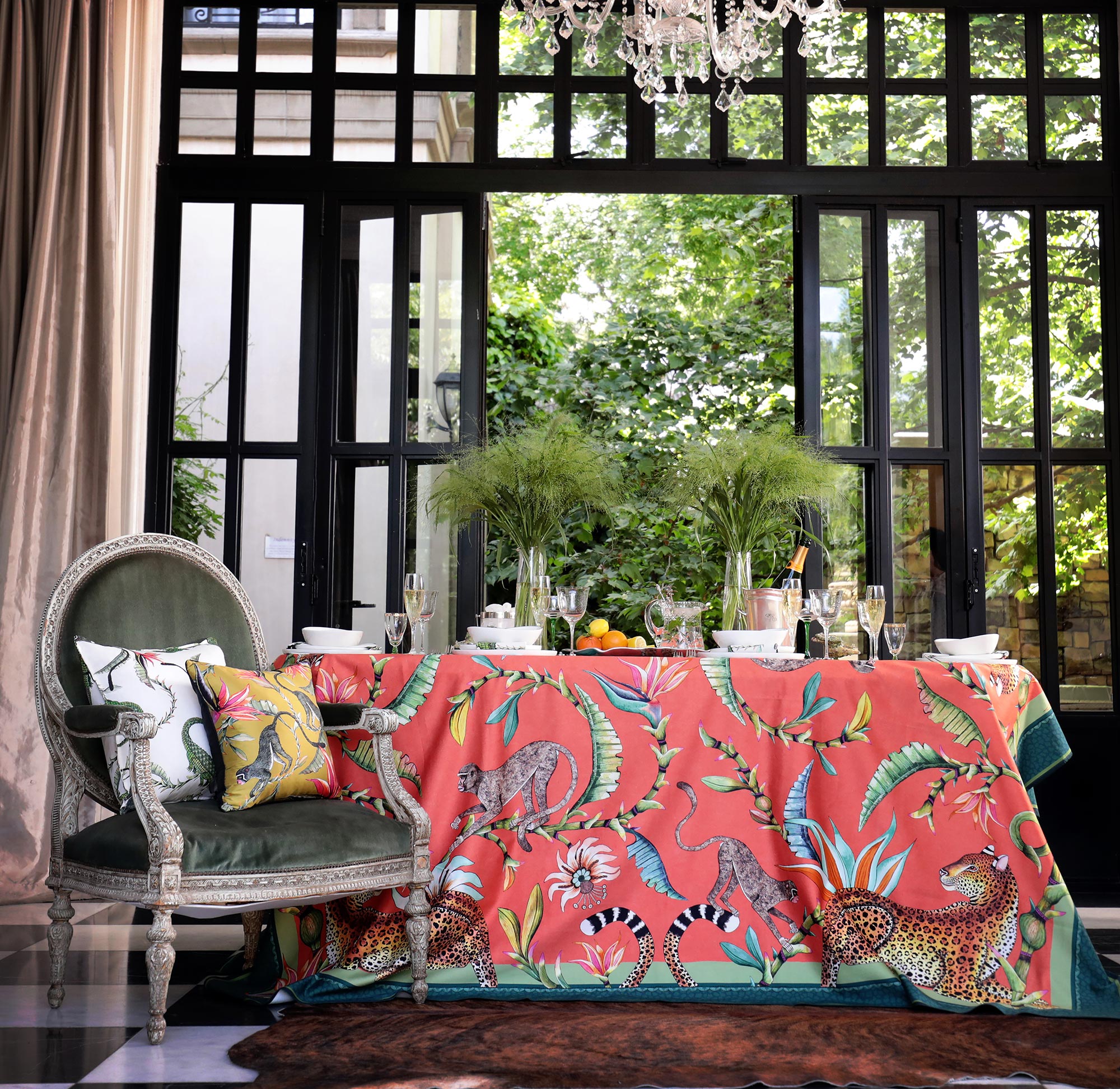 Monkey Paradise Tablecloth - Cotton - Coral - Small