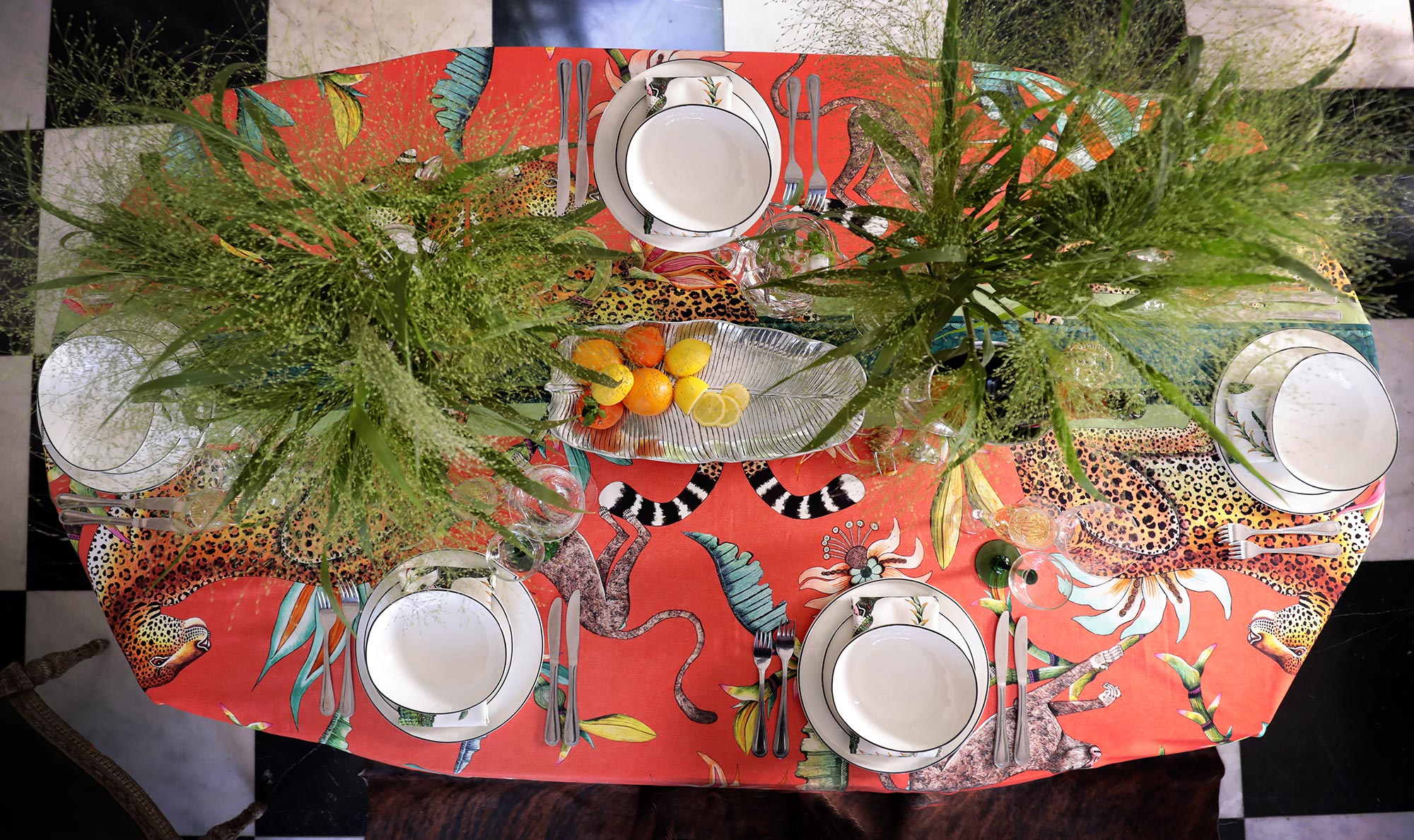 Monkey Paradise Tablecloth - Cotton - Coral - Small