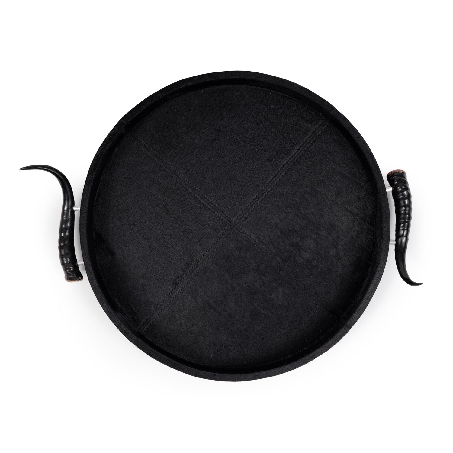 Black Cow Hide Round Tray / Springbok Horn Handles