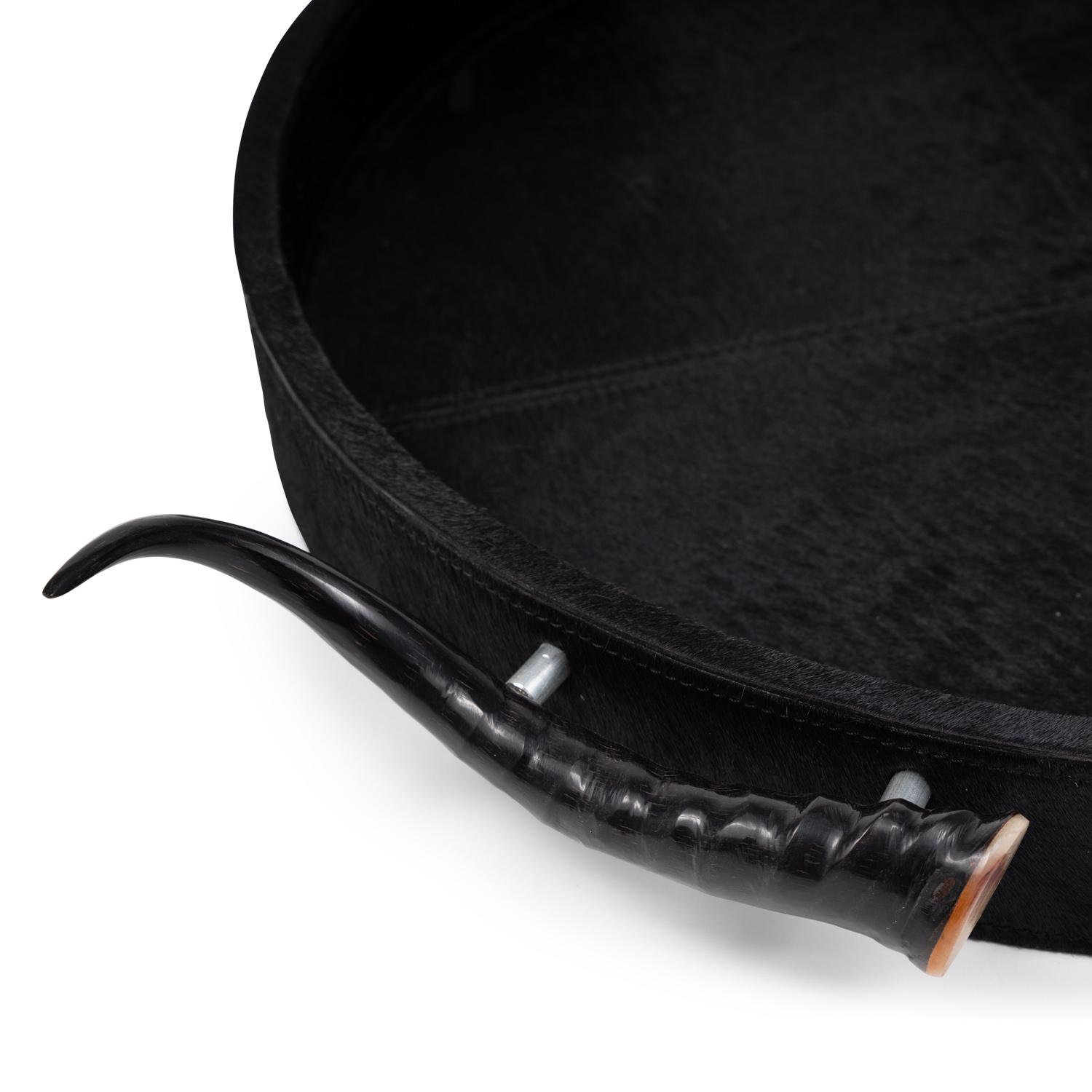 Black Cow Hide Round Tray / Springbok Horn Handles
