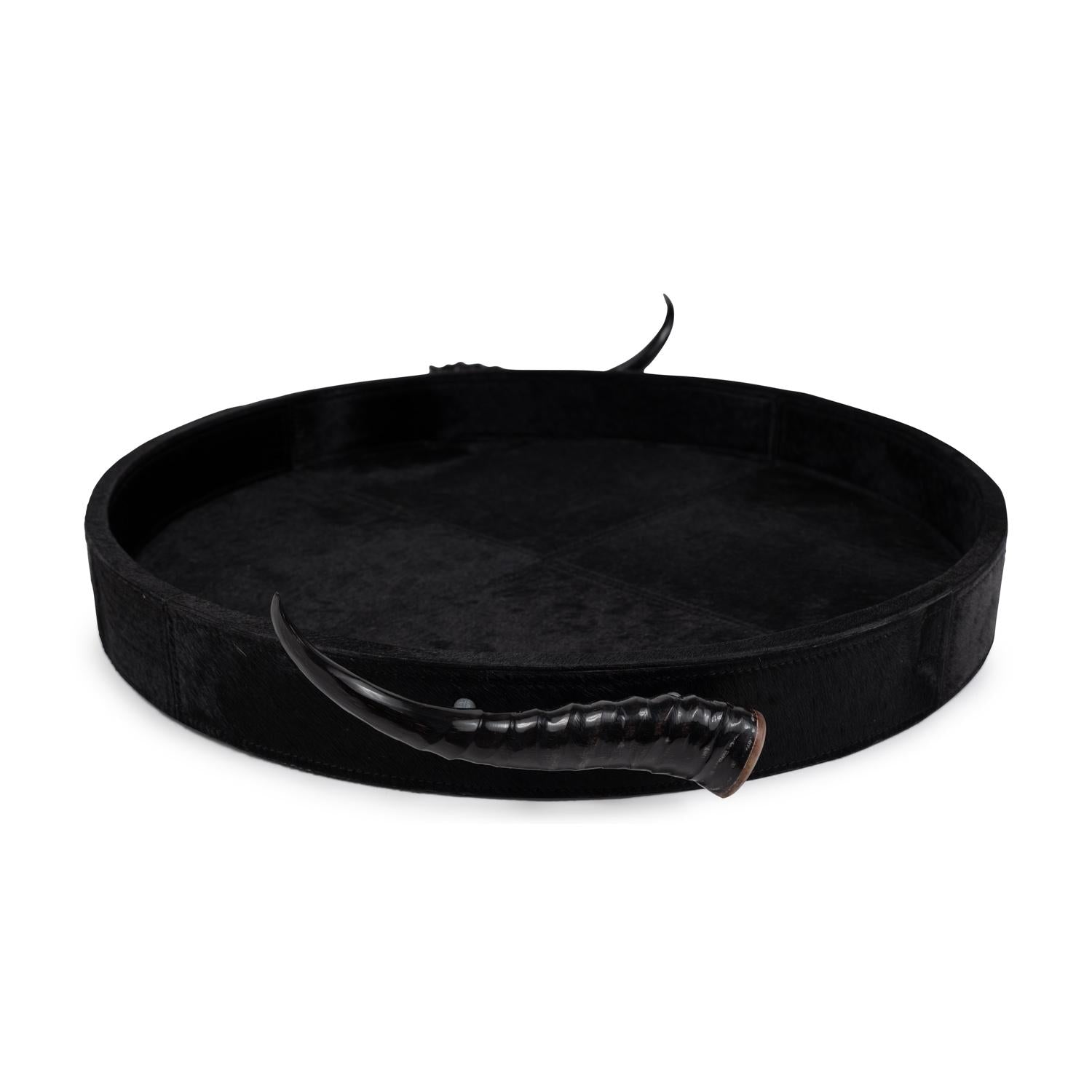 Black Cow Hide Round Tray / Springbok Horn Handles